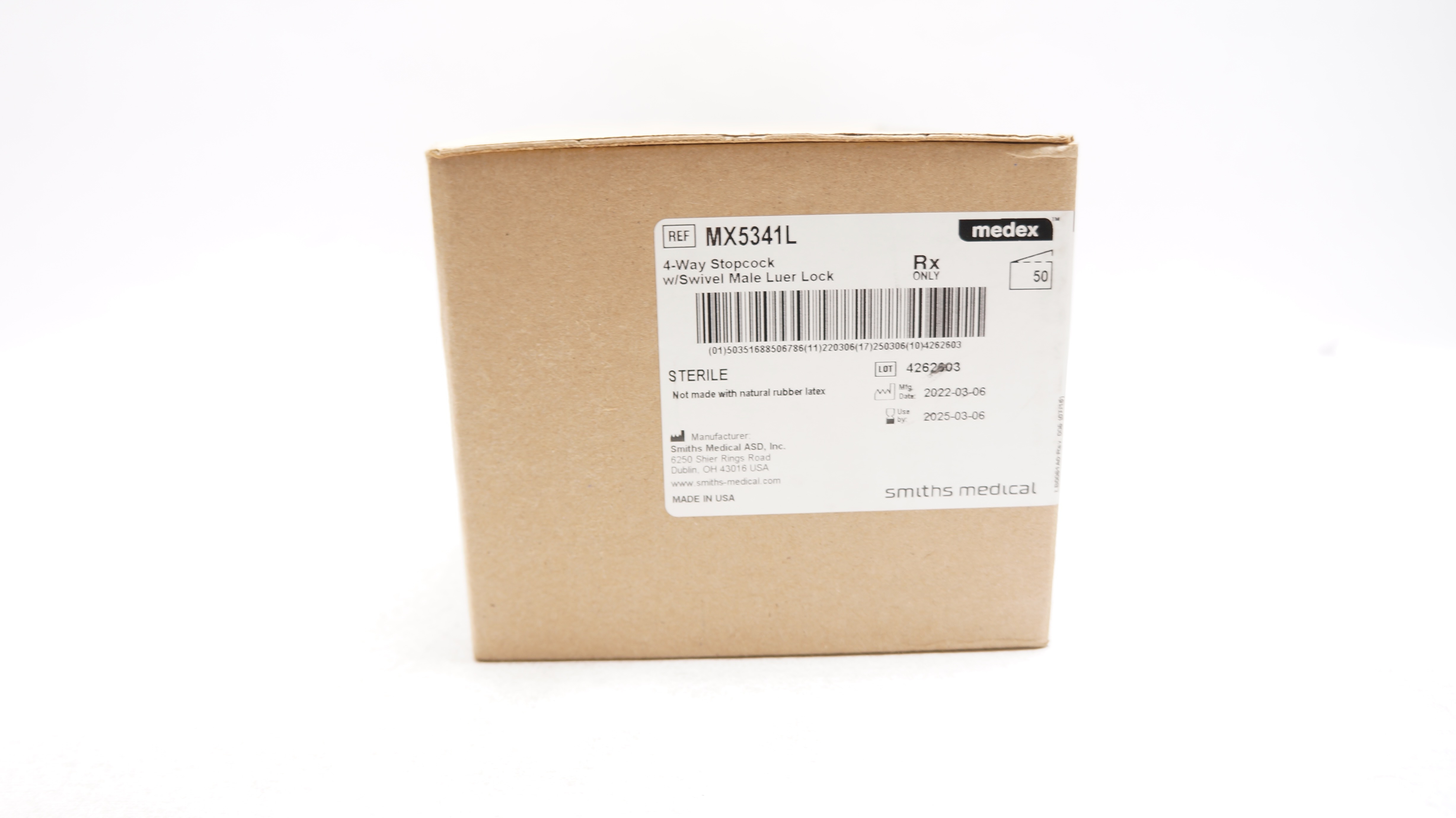 Smiths Medical MX5341L Medex 4-Way Stopcock w/Swivel Male Luer Lock - Box of 50