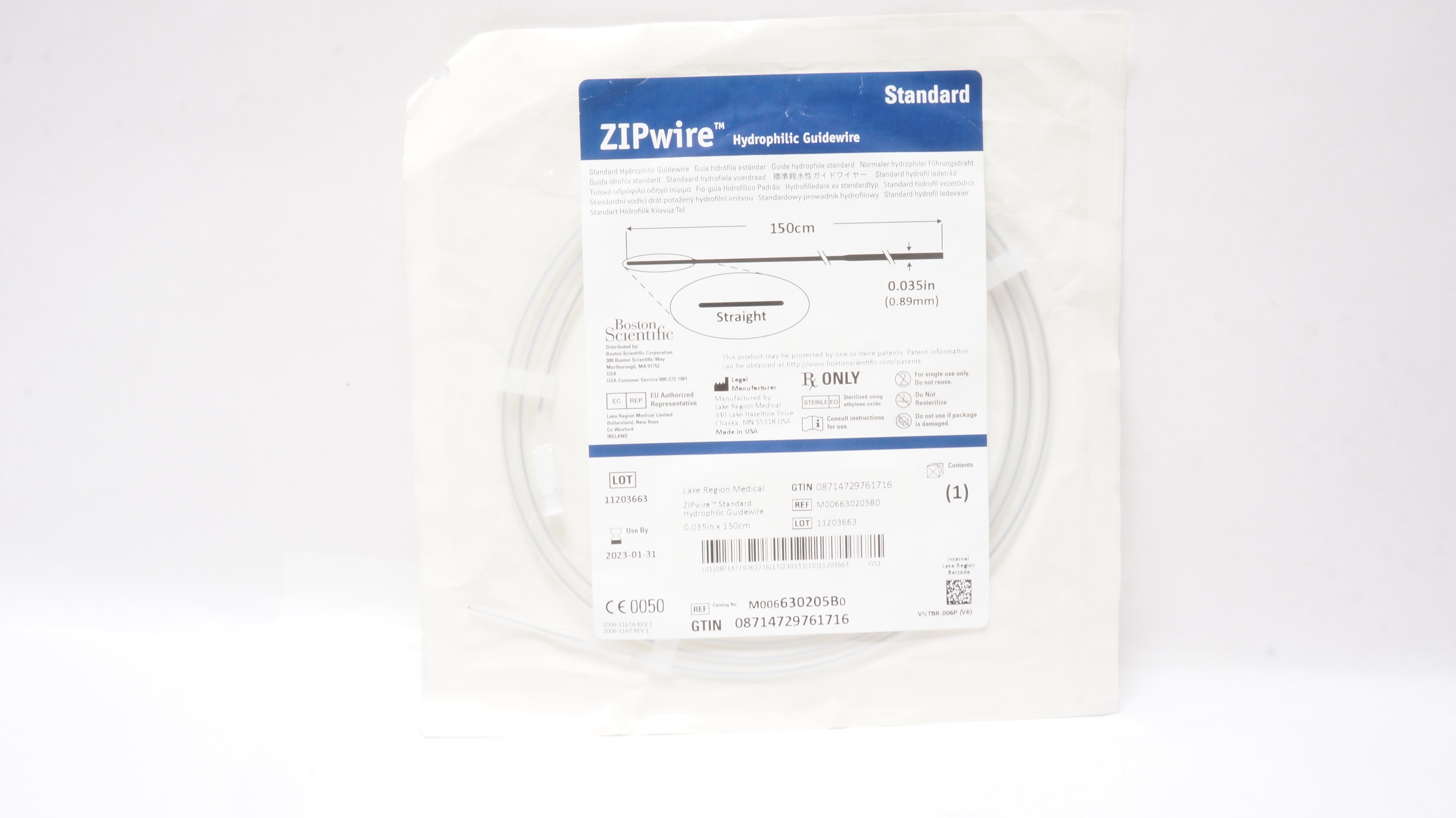 Boston Scientific 630205B ZIPwire Hydrophilic Guidewire 0.035inch x 150cm (x)