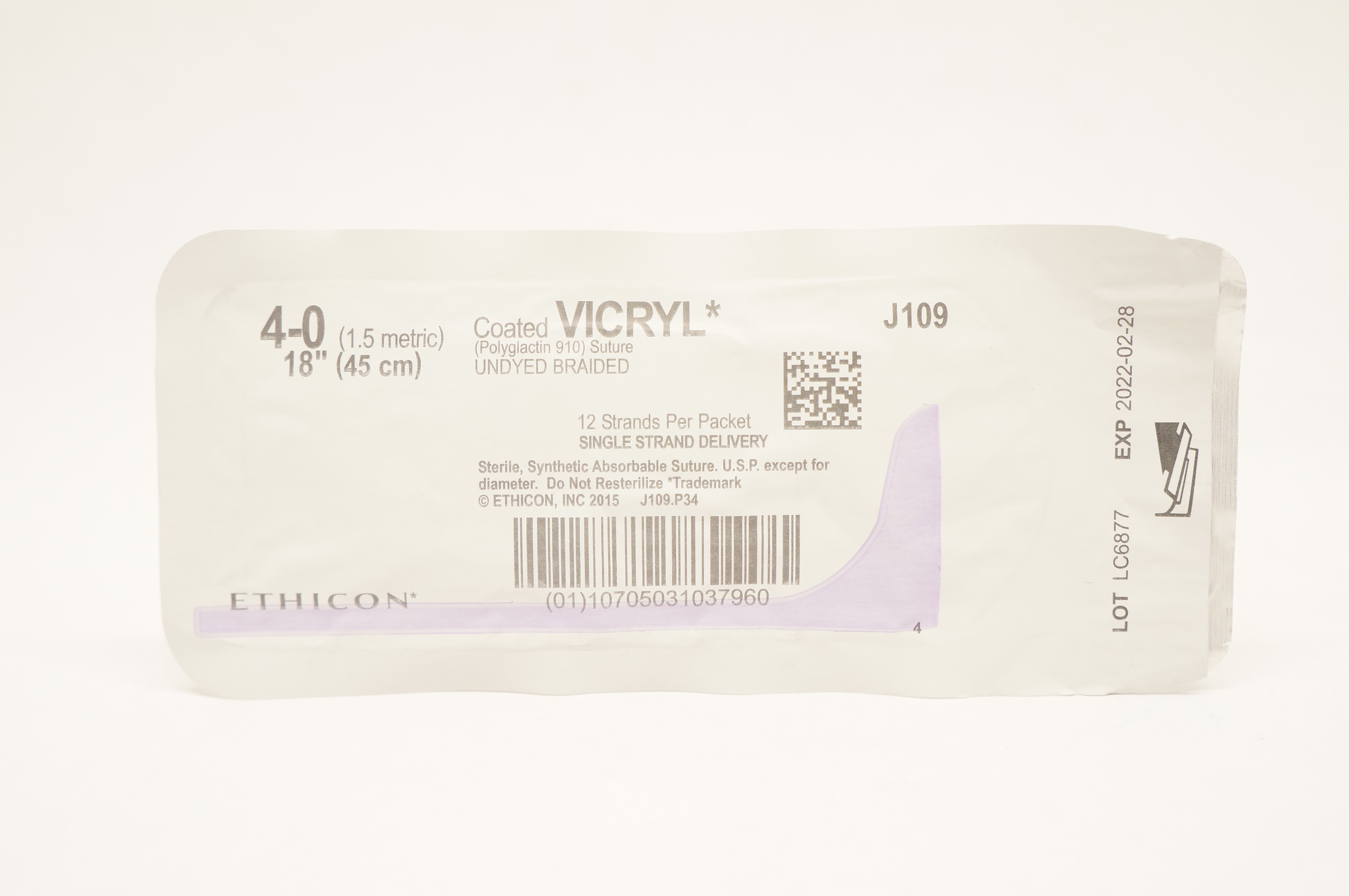 Ethicon J109 4-0 Coated VICRYL Polyglactin 910 Stre Undyed Braided, 18inch (x)