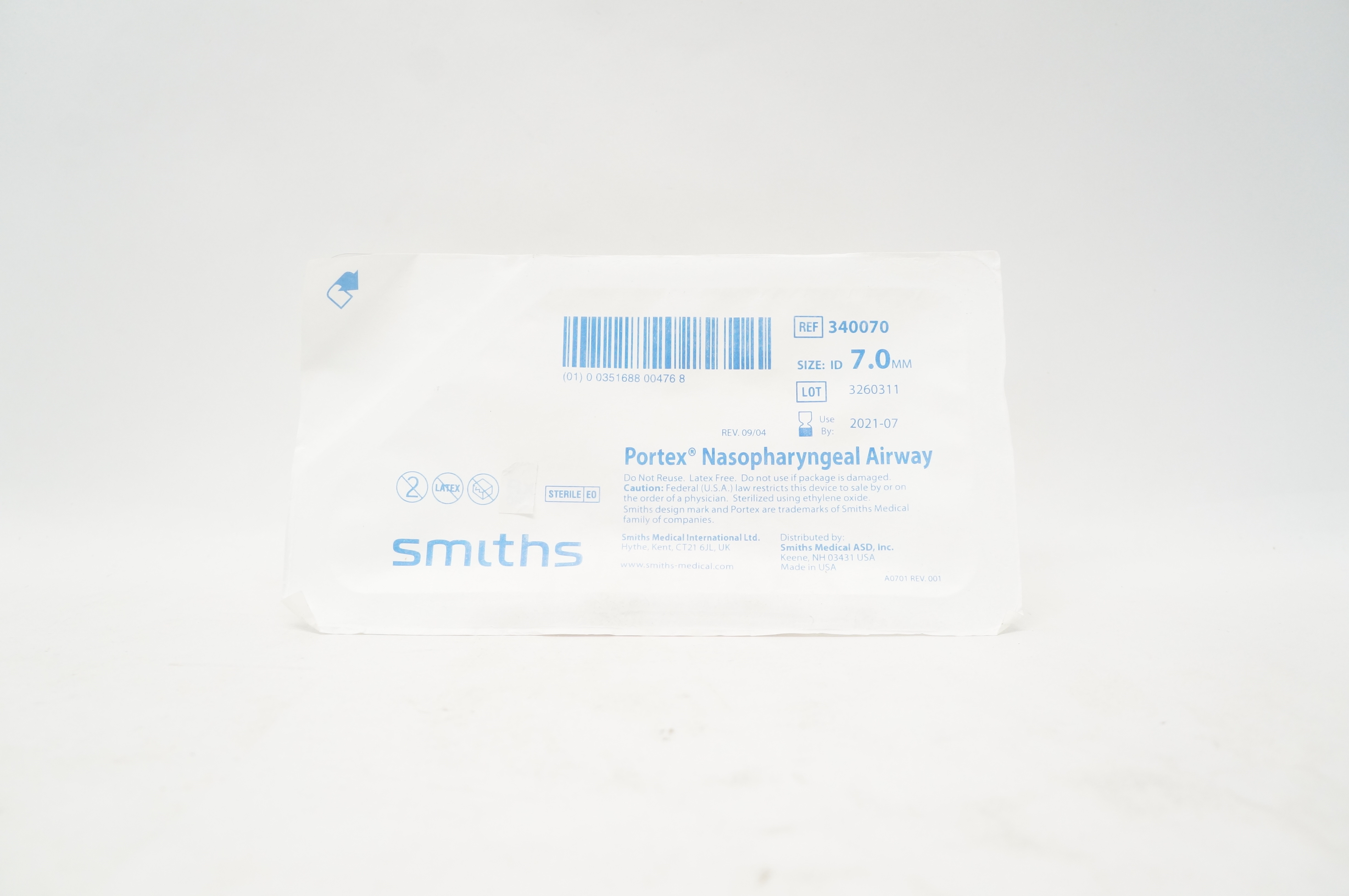 Smiths Medical 340070 Nasopharyngeal Airway, Size 7.0mm