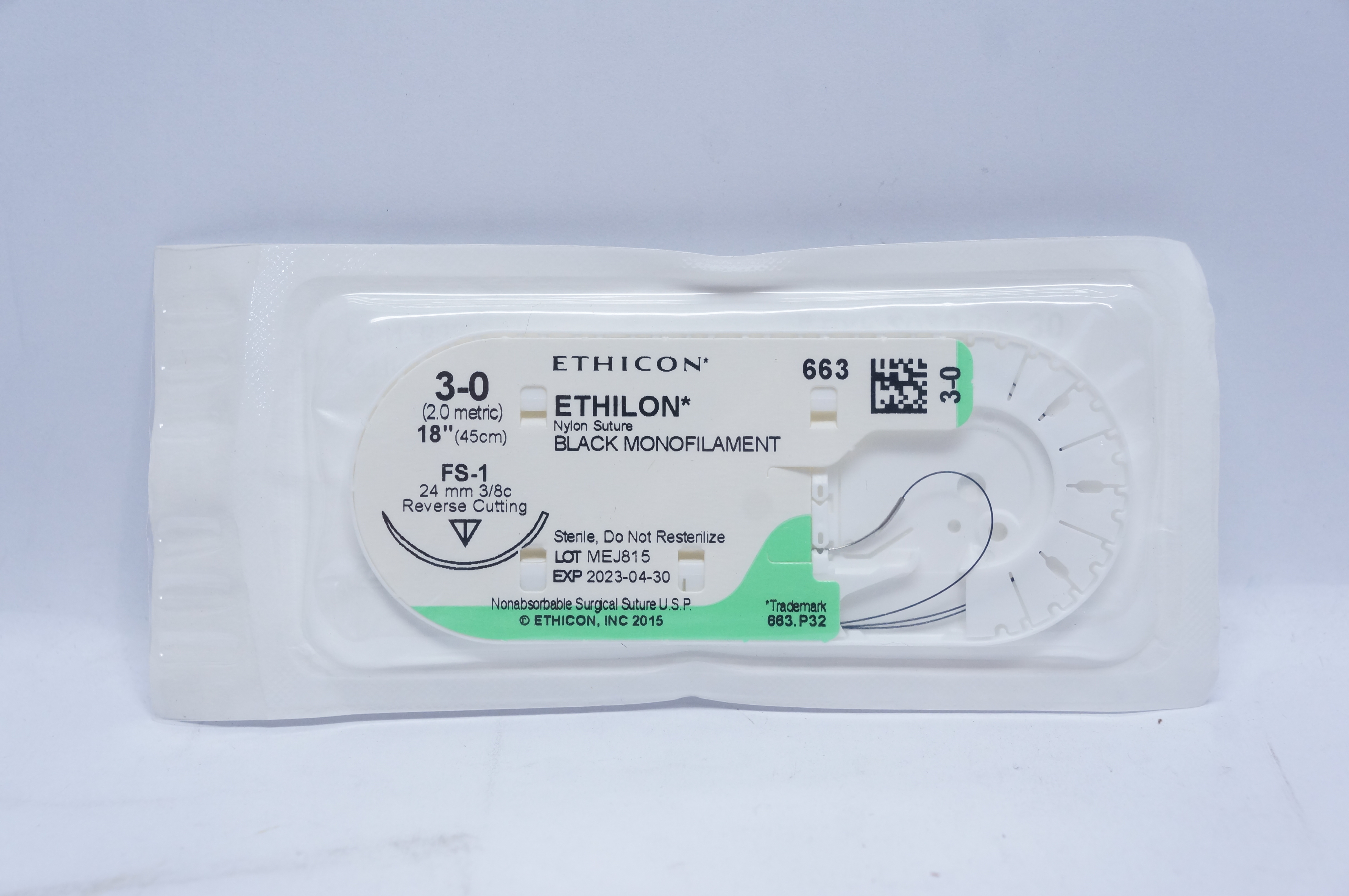 Ethicon 663 3-0 ETHILON Nylon Stre FS-1, 24mm 3/8c Reverse Cutting, 18inch