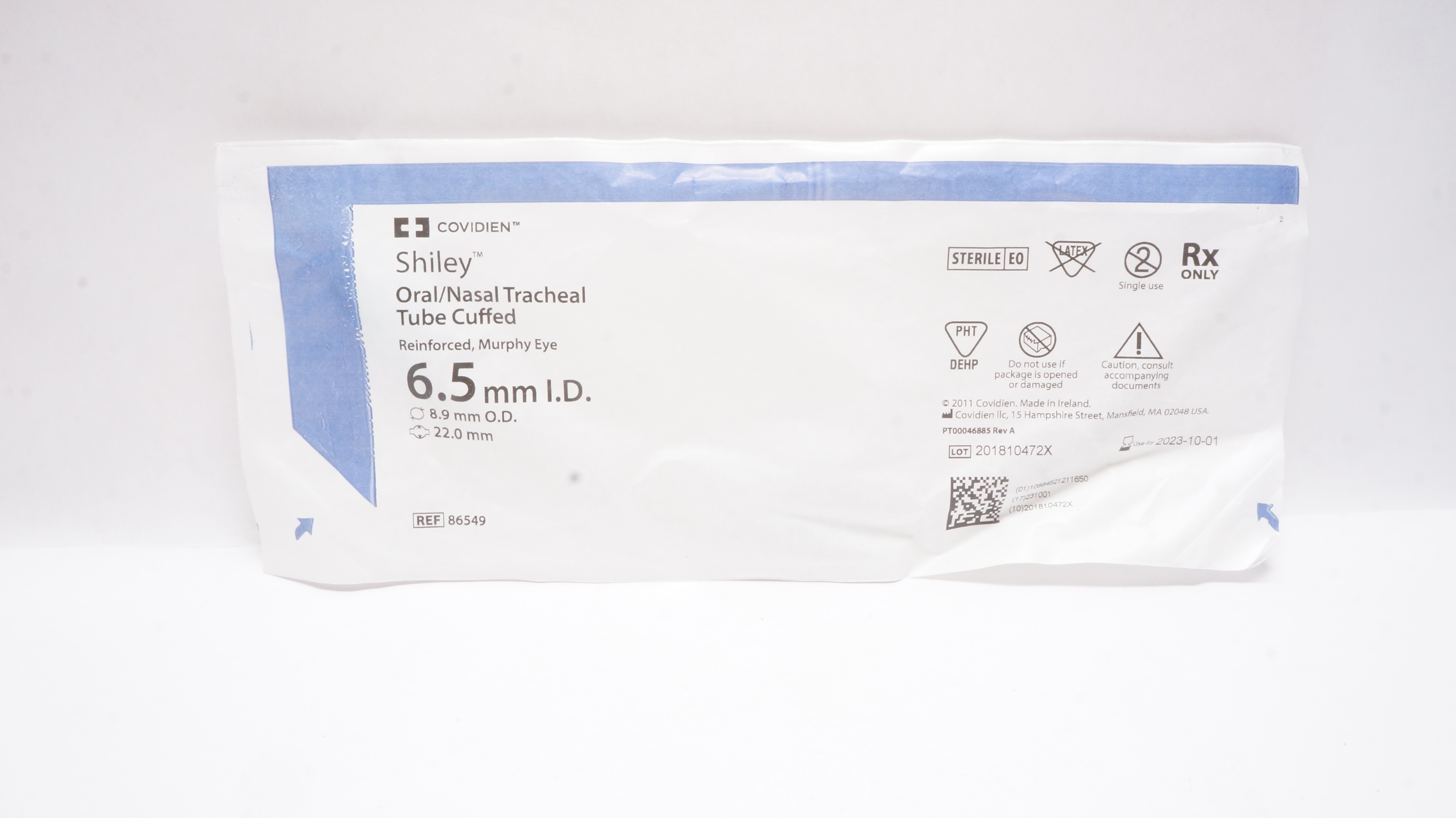 Covidien 86549 Shiley Oral/Nasal Tracheal Tube Cuffed 6.5ID x 8.9OD x 22.0mm (x)