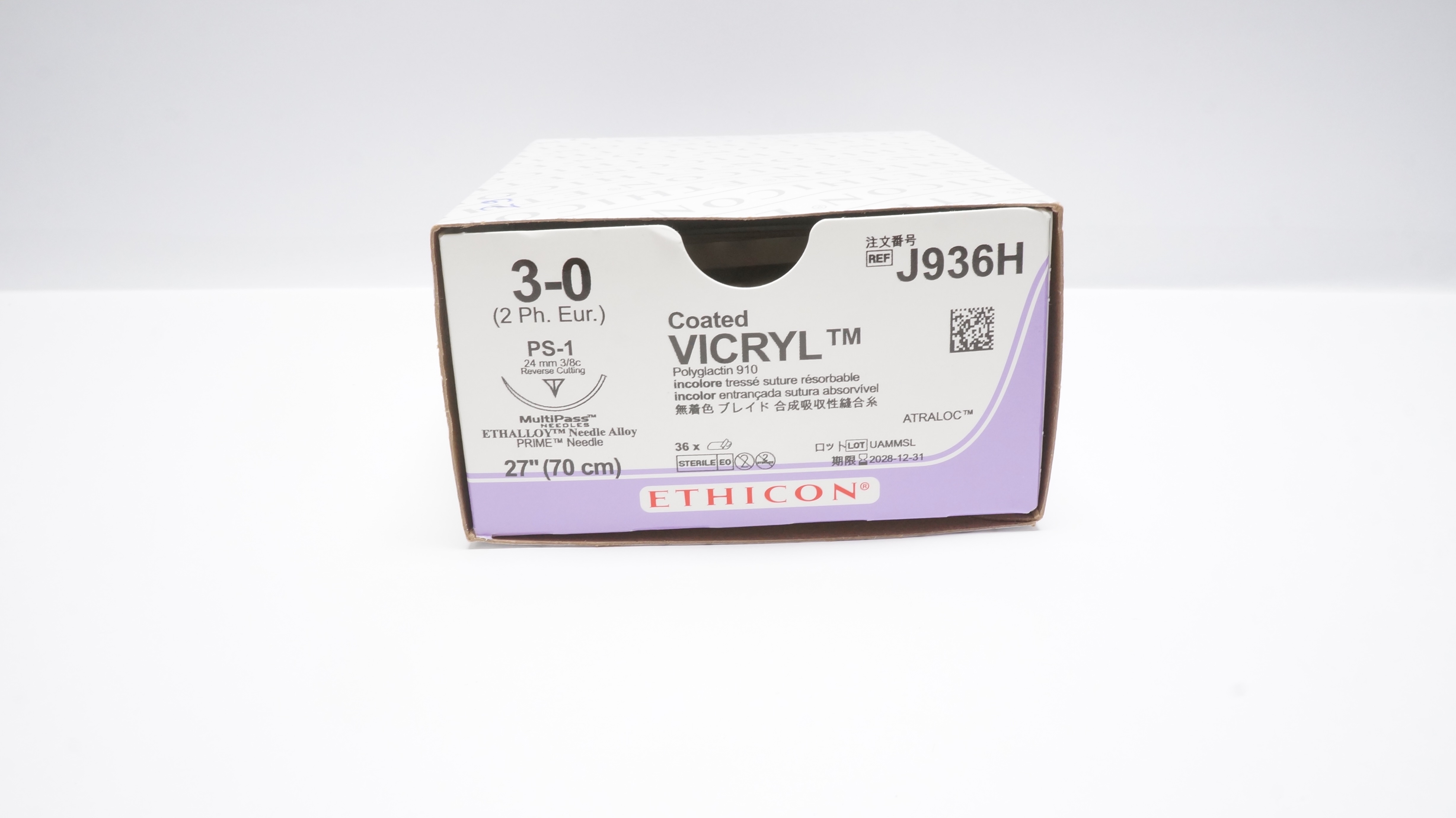 Ethicon J936H 3-0 VICRYL Stre PS-1 24mm 3/8c Reverse Cutting 27inch - Box of 29