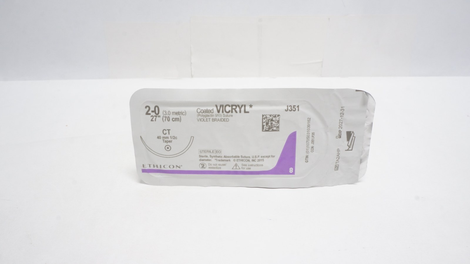 ETHICON J351 Coated VICRYL Sutures 2-0 27" Violet CT Needle