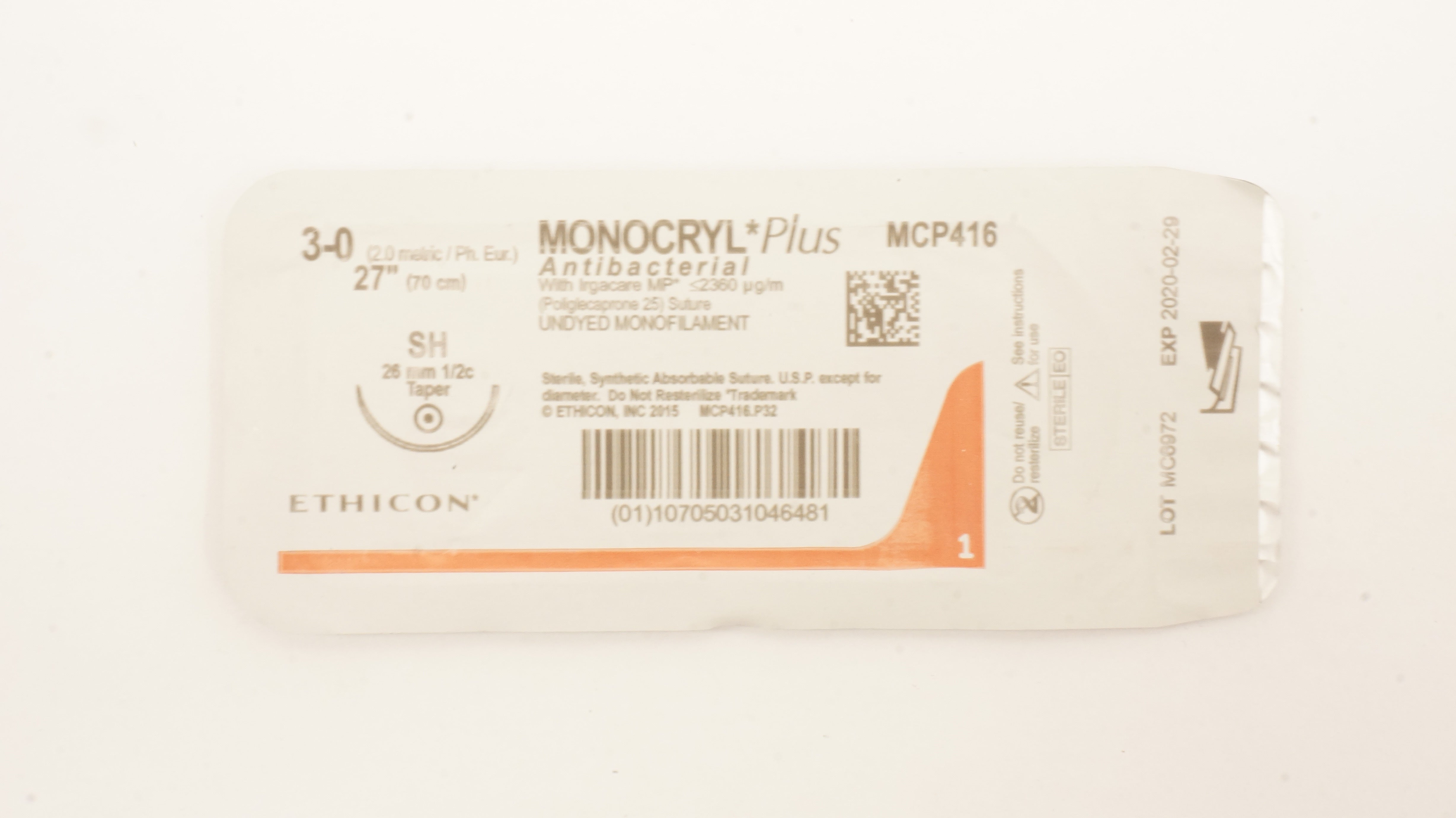 Ethicon MCP416 3-0 MONOCRYL Plus Stre SH 26mm 1/2c Taper, 27inch (x)