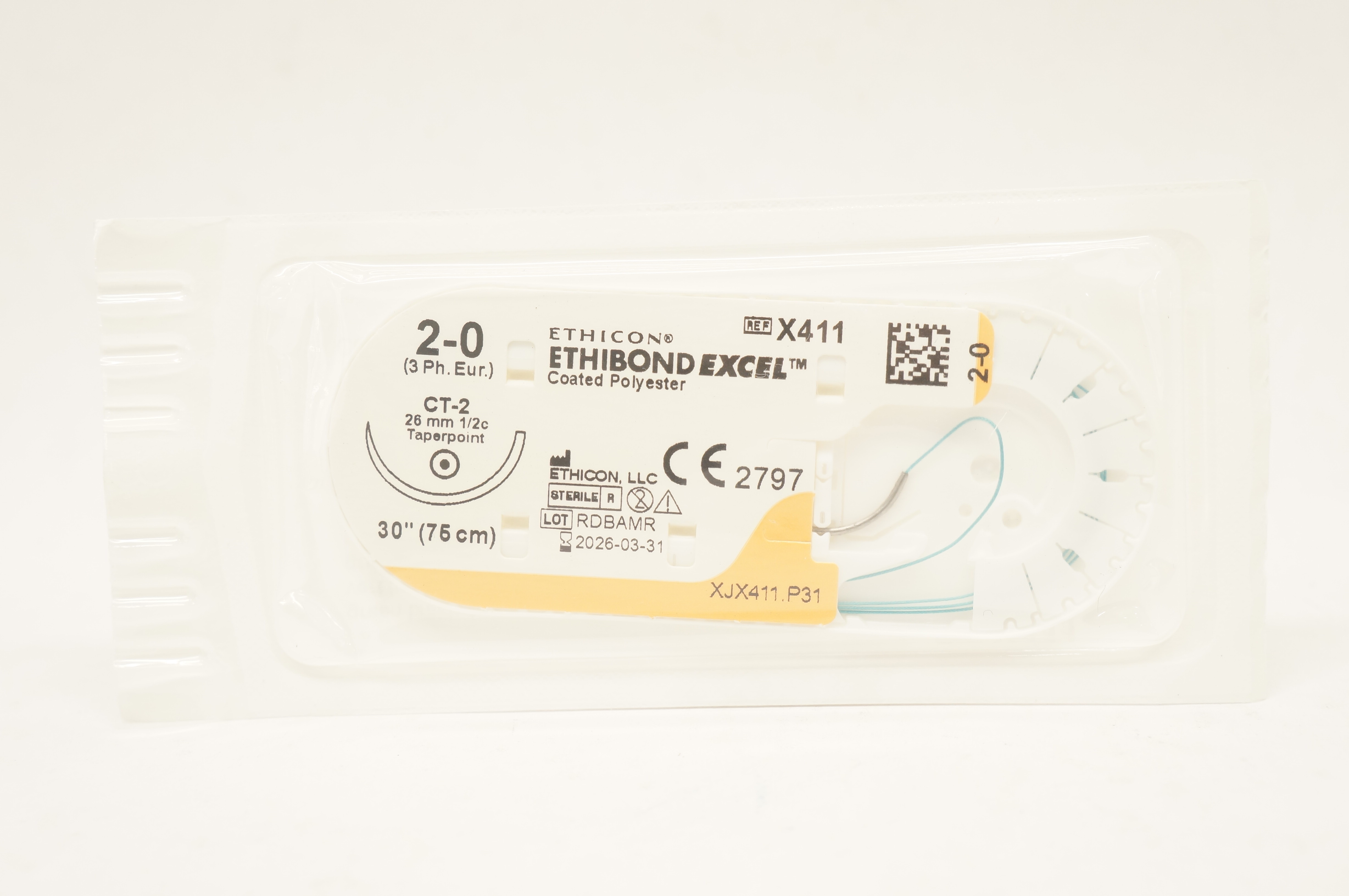 Ethicon X411 2-0 ETHIBOND EXCEL CT-2 26mm 1/2c Taperpoint 30inch