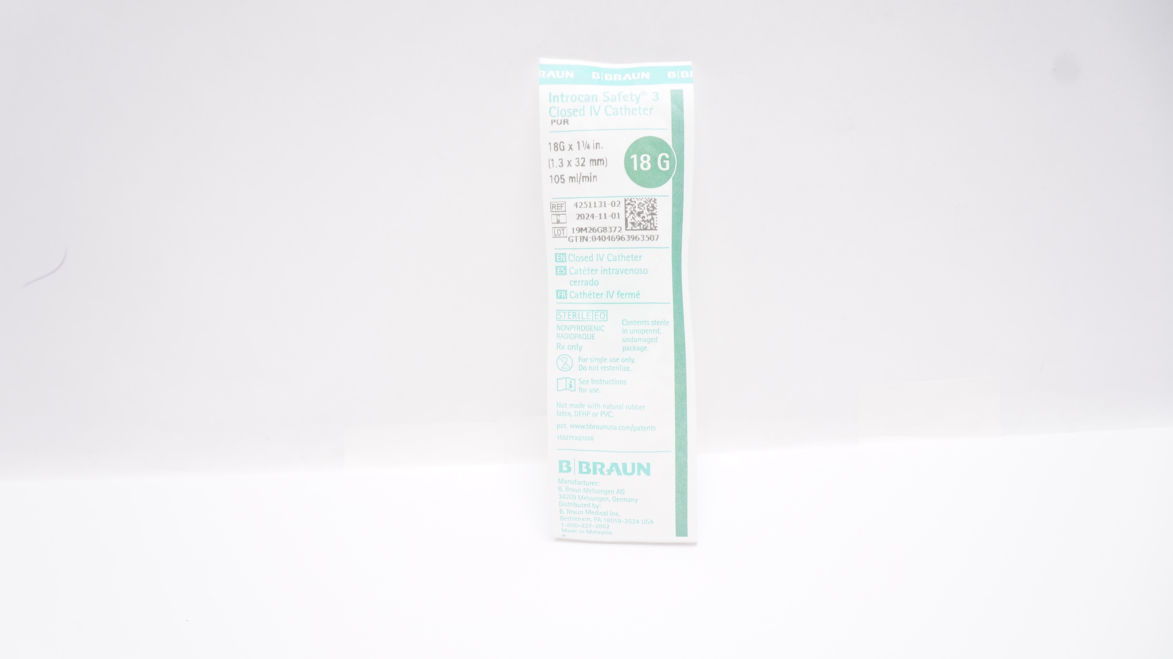 B.Braun 4251131-02 Introcan Safety 3 Closed IV Cath. 18G x 1-1/4inch 105ml/min