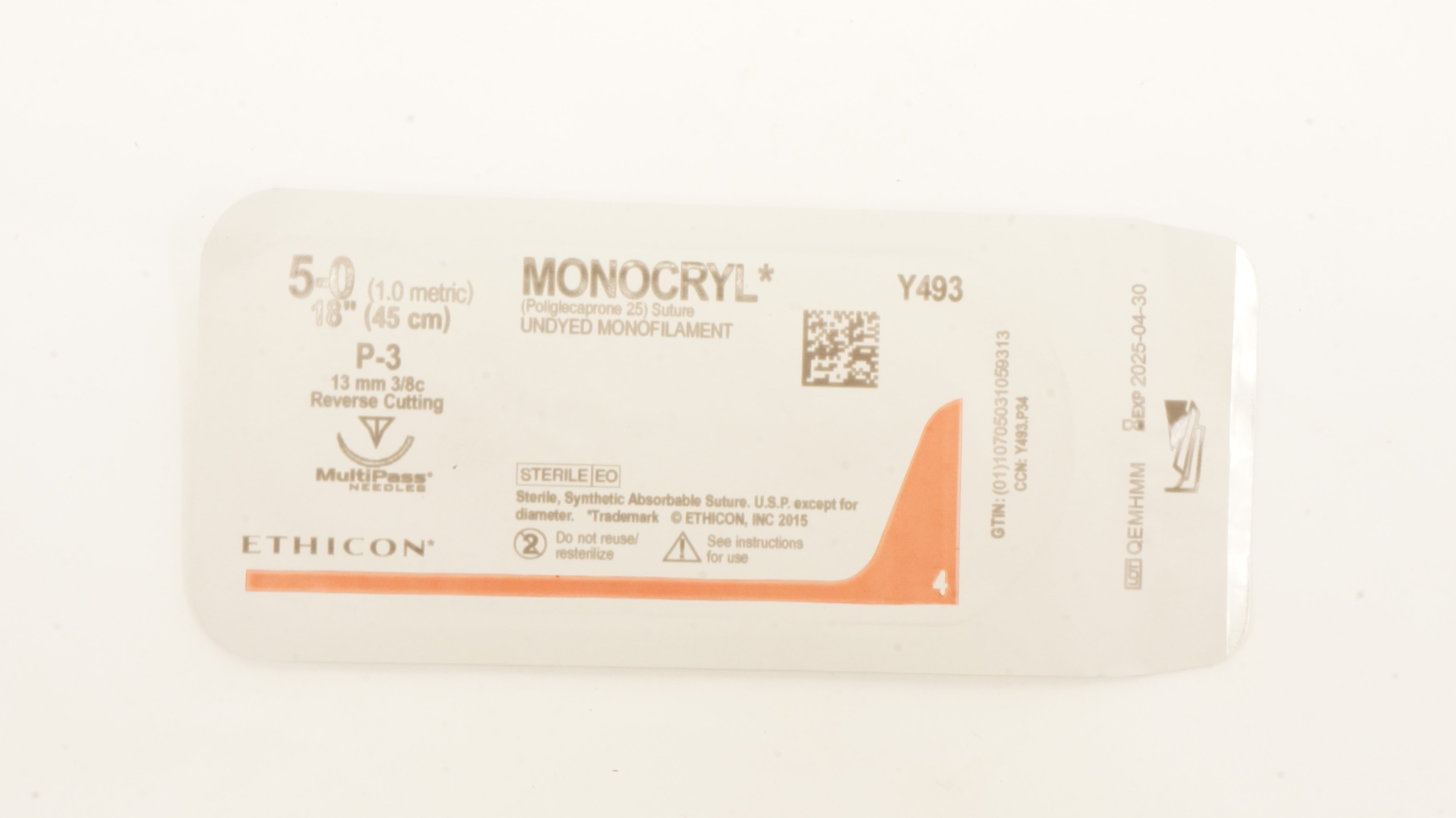 Ethicon Y493 5-0 MONOCRYL Stre Undyed P-3 13mm 3/8c Reverse Cutting, 18inch