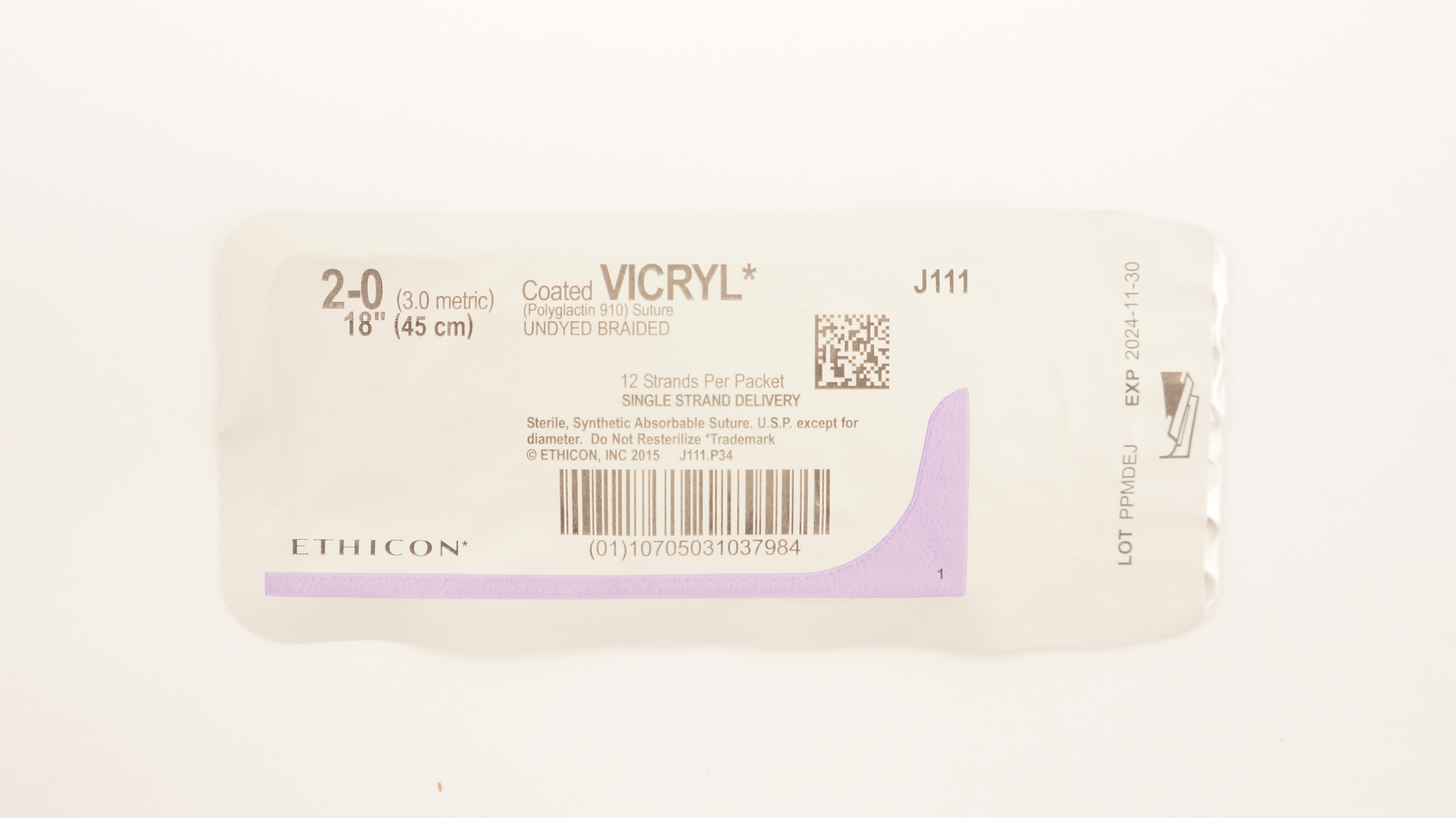 Ethicon J111 2-0 Coated VICRYL (Polyglactin 910) Stre Undyed Braided, 18inch (x)