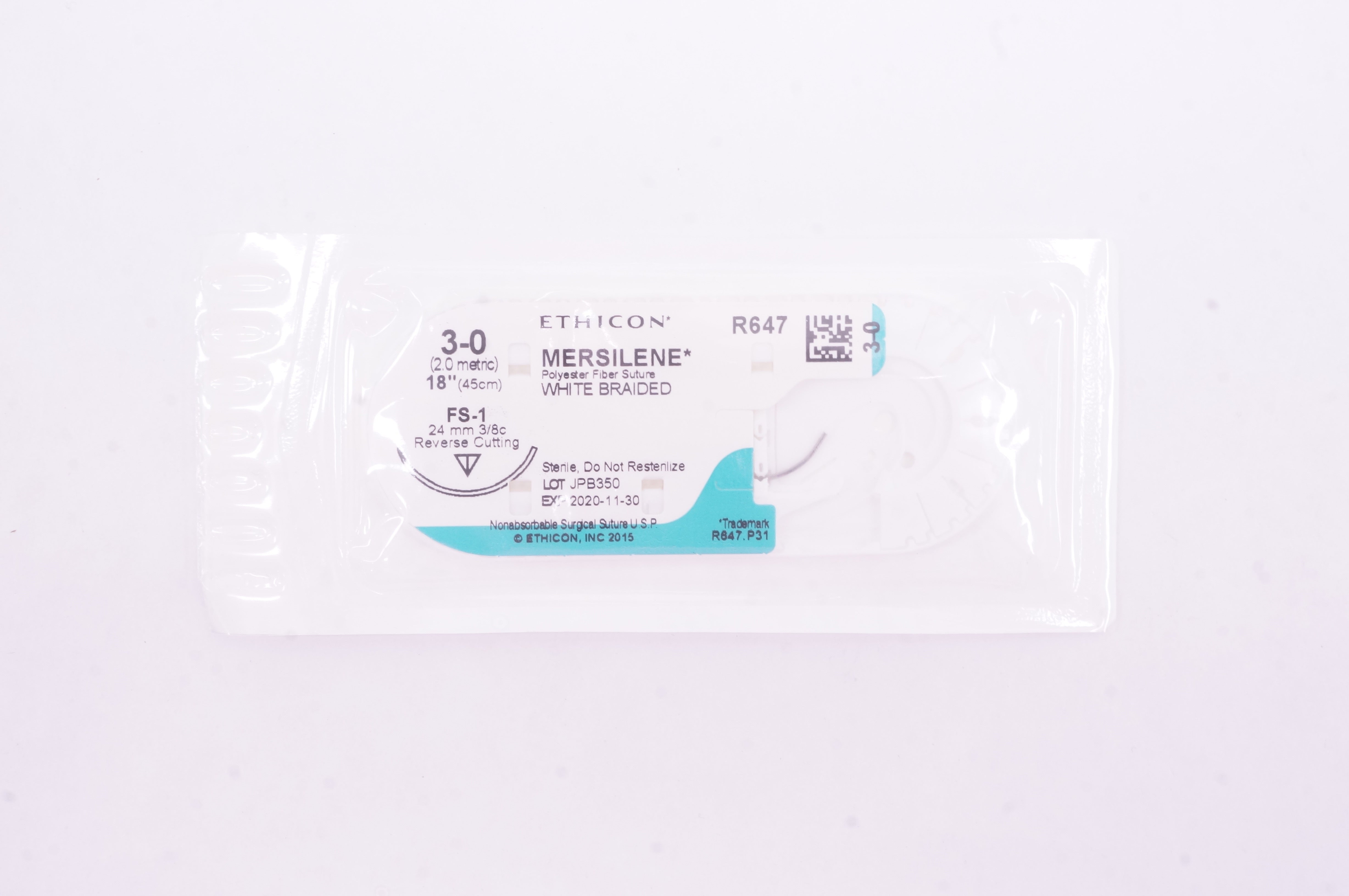 Ethicon R647 3-0 MERSILENE White Braided FS-1, 24mm 3/8c Reverse Cutting,18in(x)