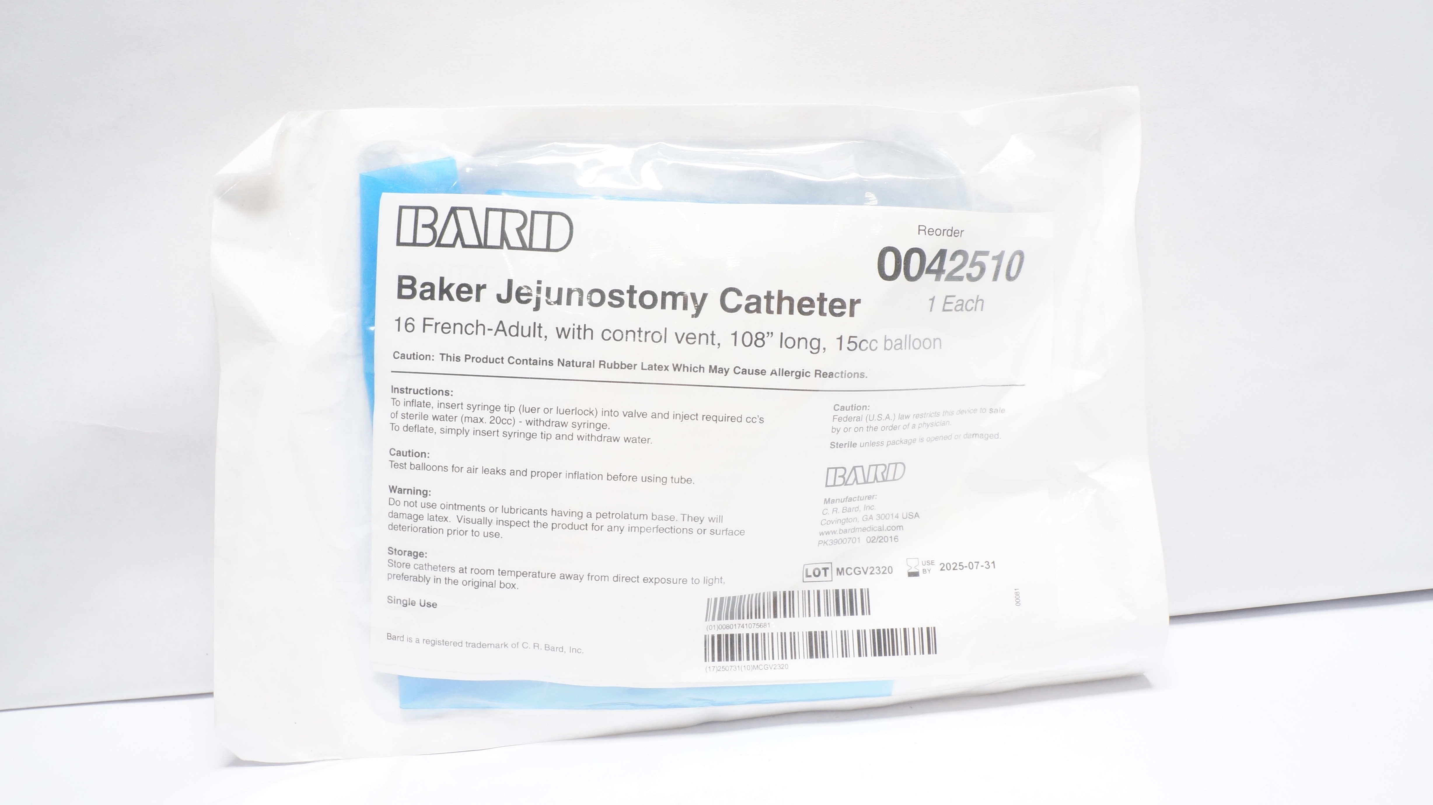 Bard 0042510 Baker Jejunostomy Cath 16 French-Adult, 108inch, 15cc Balloon (x)
