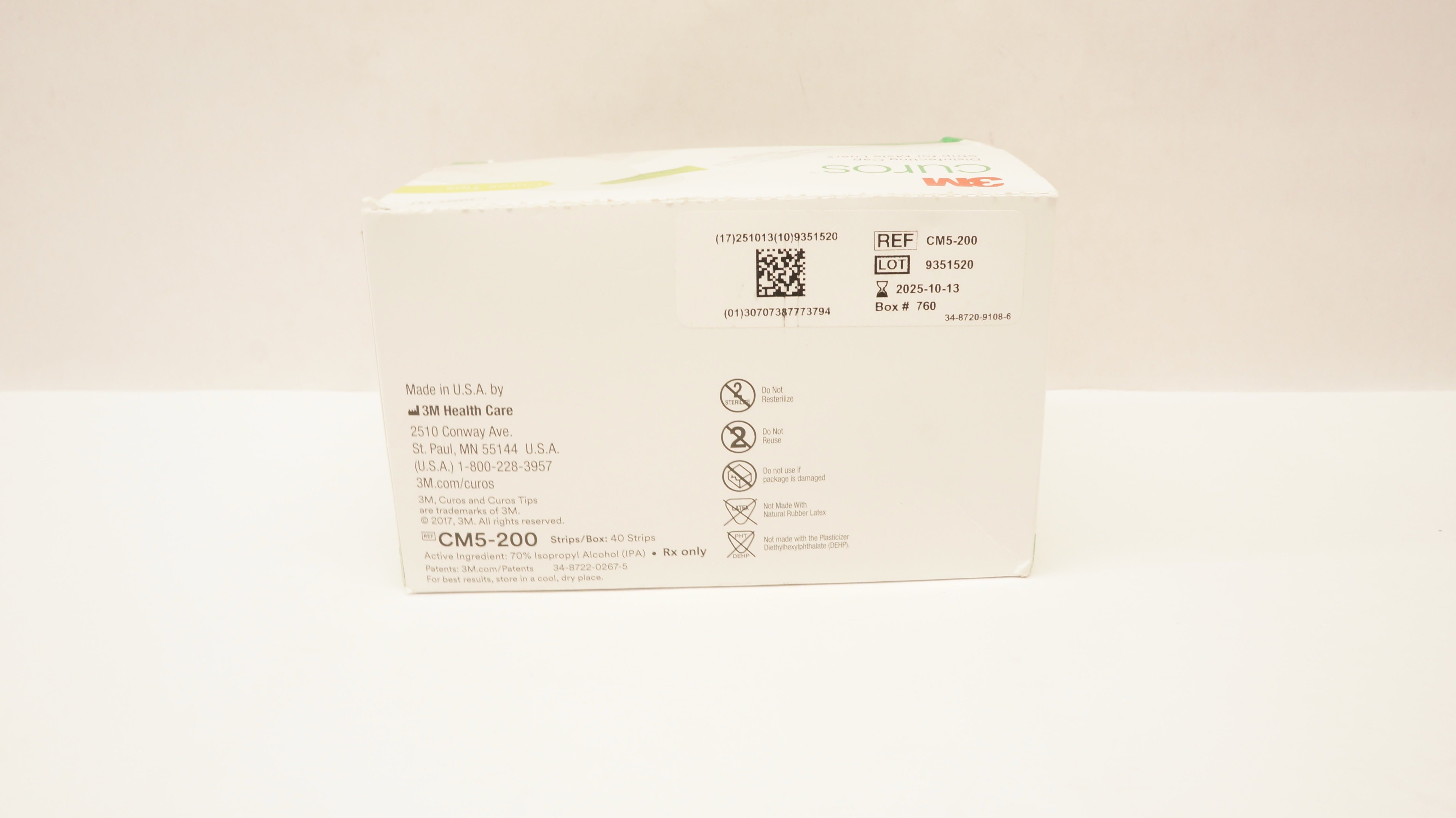 3M CM5-200 Curos Disinfecting Cap Strip for Male Luers - Box of 40