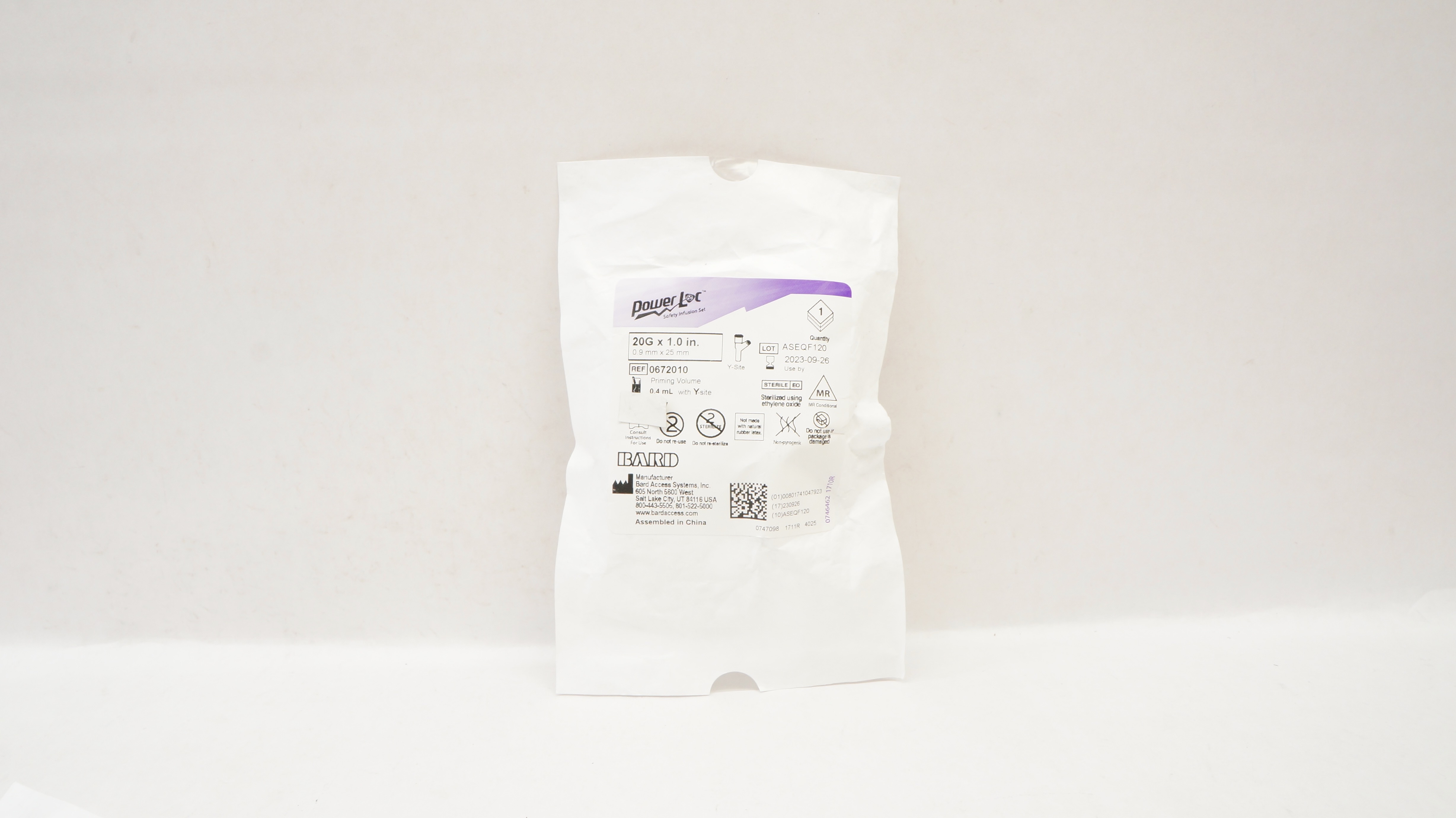 Bard 0672010 Power Loc Safety Infusion Set 20G x 1.0 inch, Prim. Vol. 0.4mL