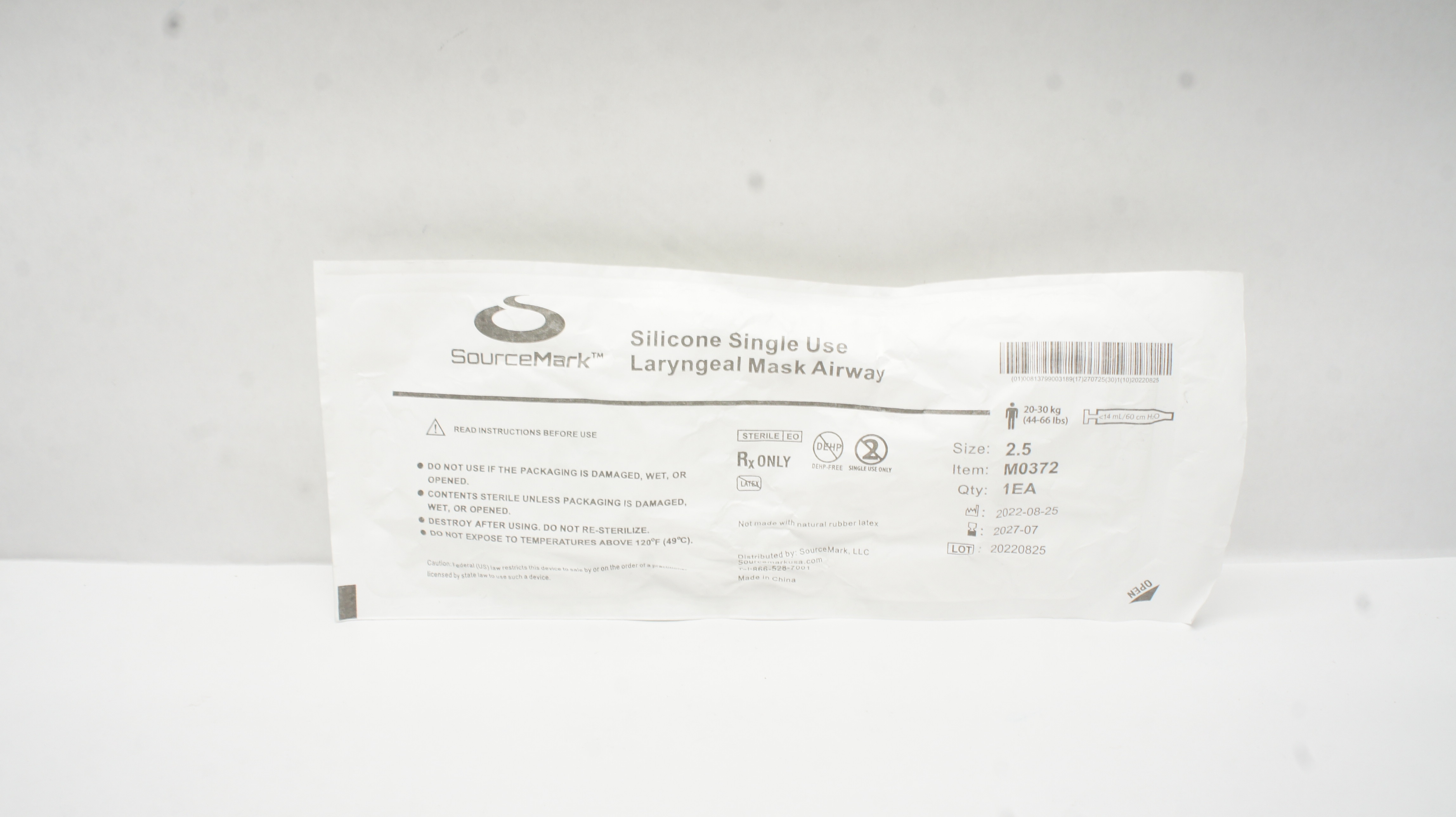 Source Mark M0372 Laryngeal Mask Airway Size 2.5, 44-66lbs.  <14mL/60cm H2O