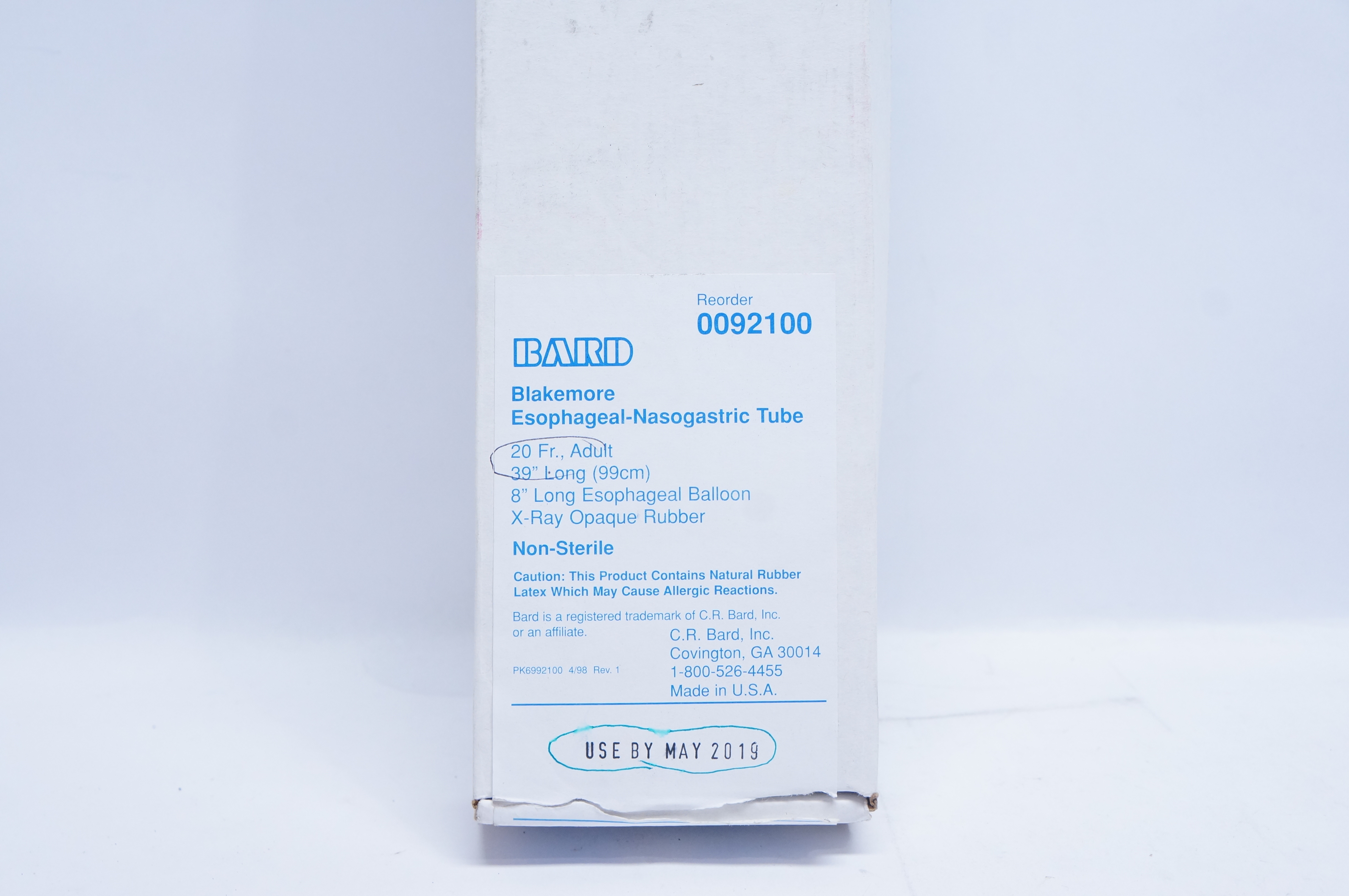 Bard 0092100 Blakemore Esophageal-Nasogastric Tube 20Fr. Adult, 39inch Long (x)