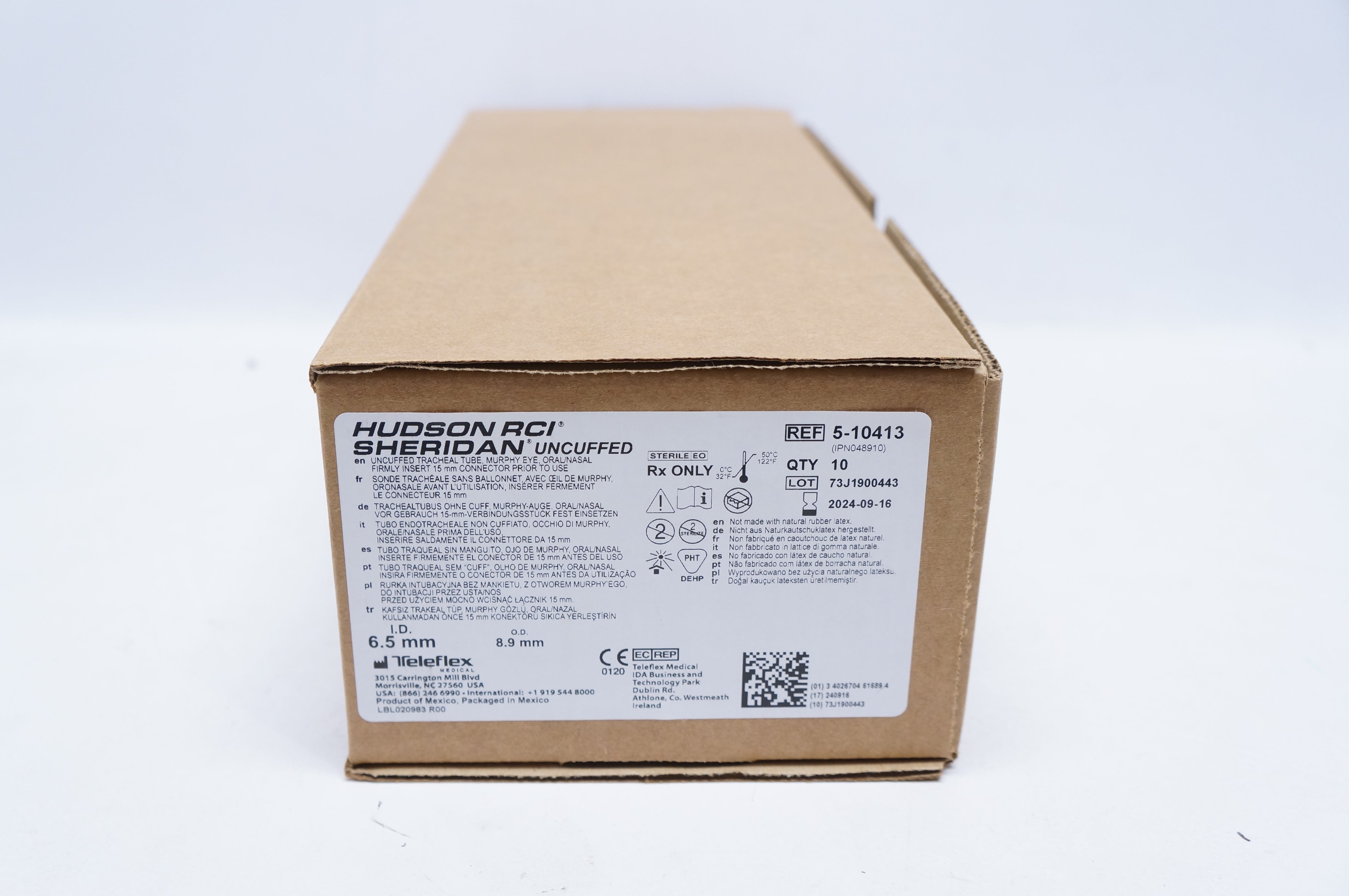 Hudson RCI 5-10413 SHERIDAN Uncuffed Tracheal Tube 6.5mm x 8.9mm - Box of 10