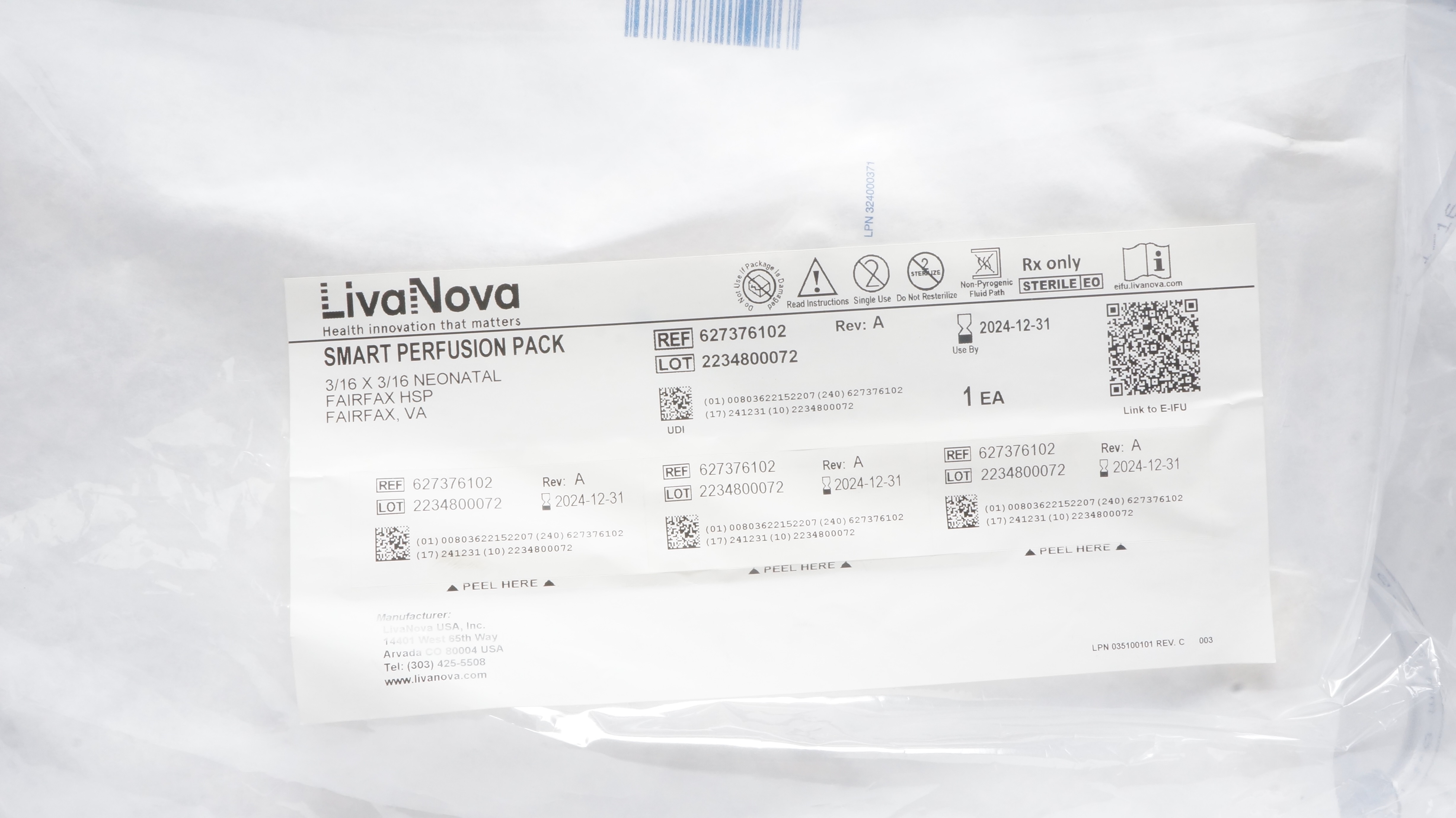 LivaNova 627376102 Smart Perfusion Pack 3/16 x 3/16 Neonatal, Fairfax HSP, VA