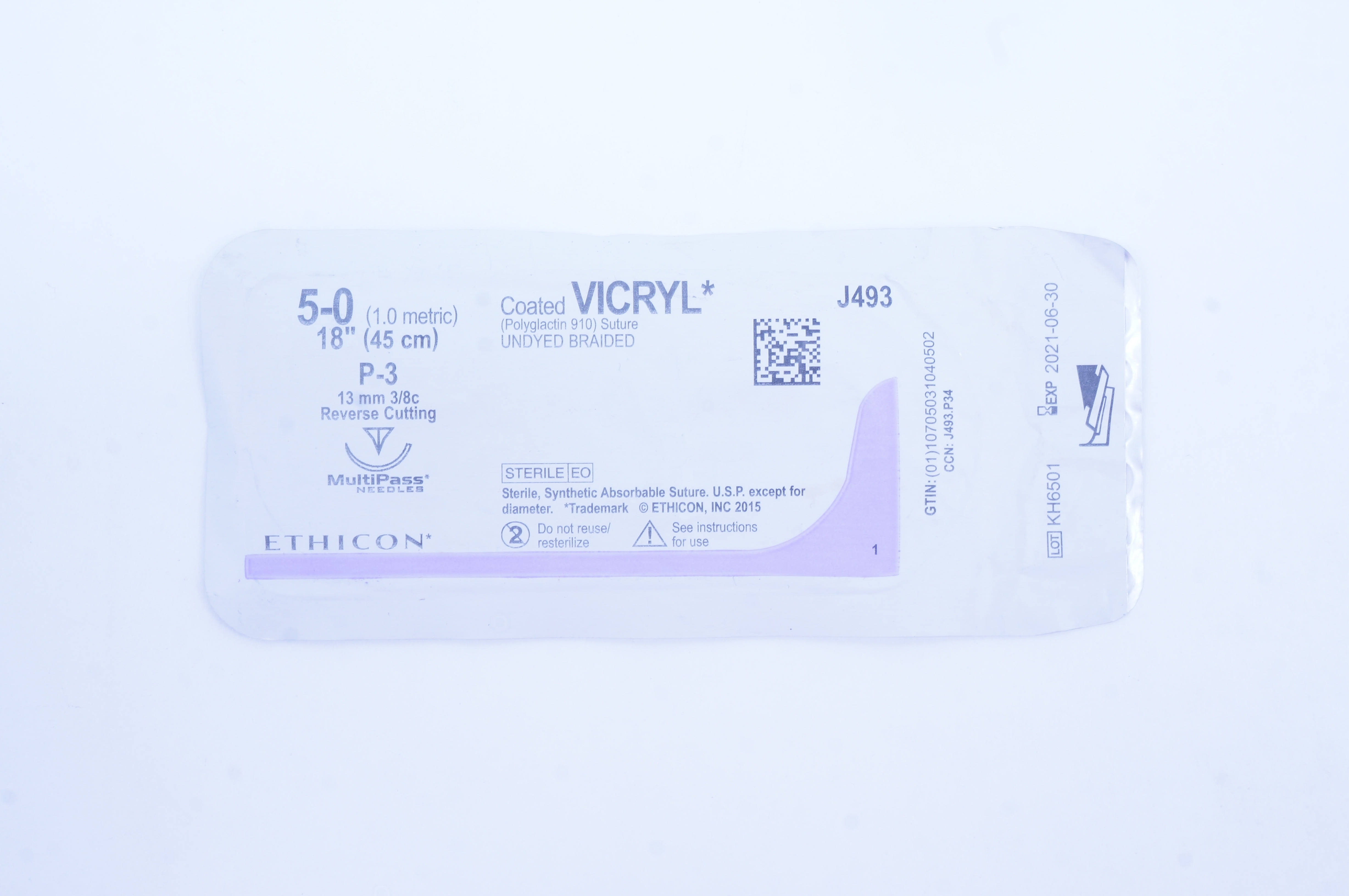 Ethicon J493 5-0 Coated VICRYL P-3 13mm 3/8c Reverse Cutting, 18inch