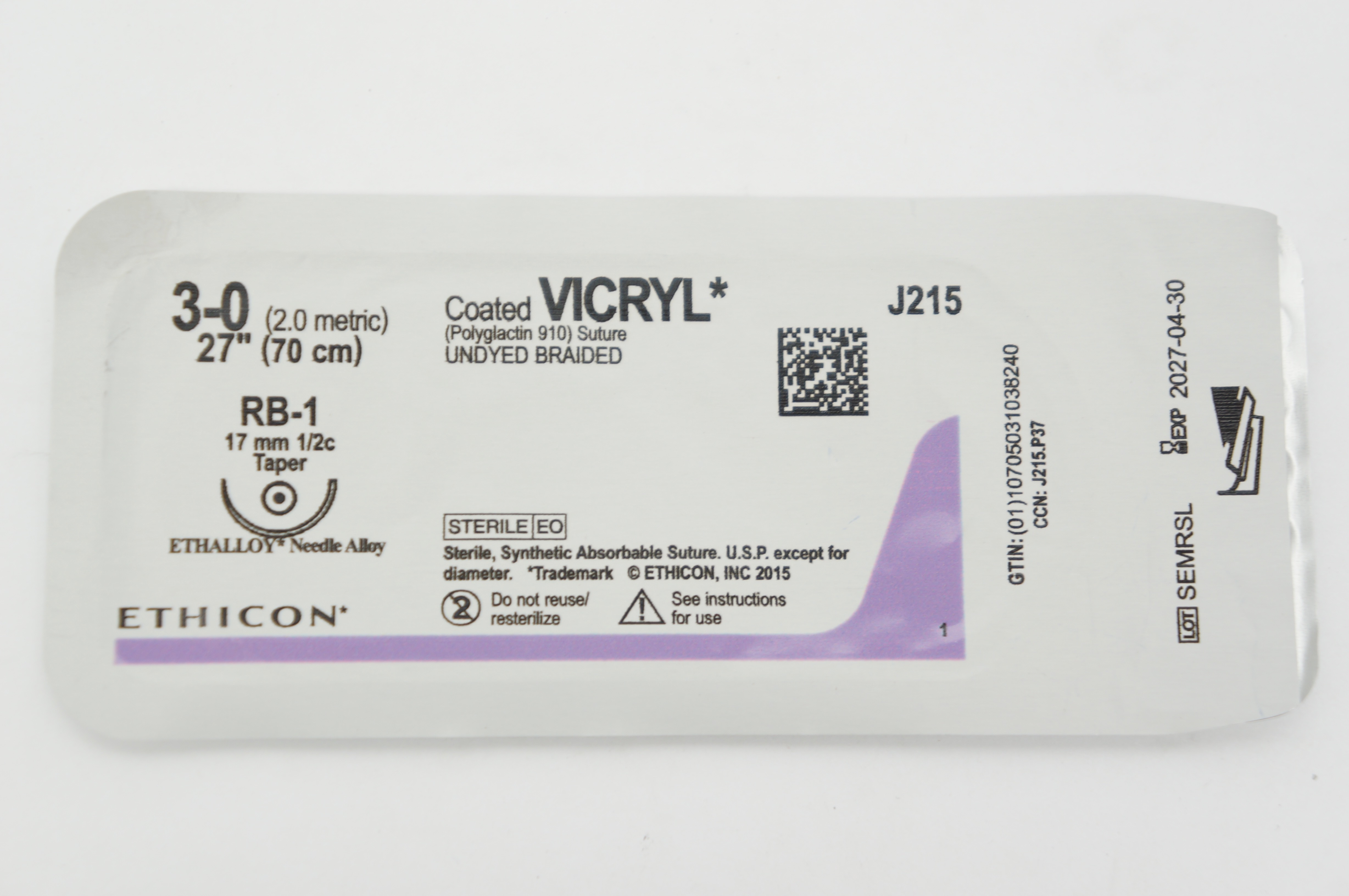 Ethicon J215 3-0 Coated VICRYL, RB-1, 17mm 1/2c Taper, 27inch