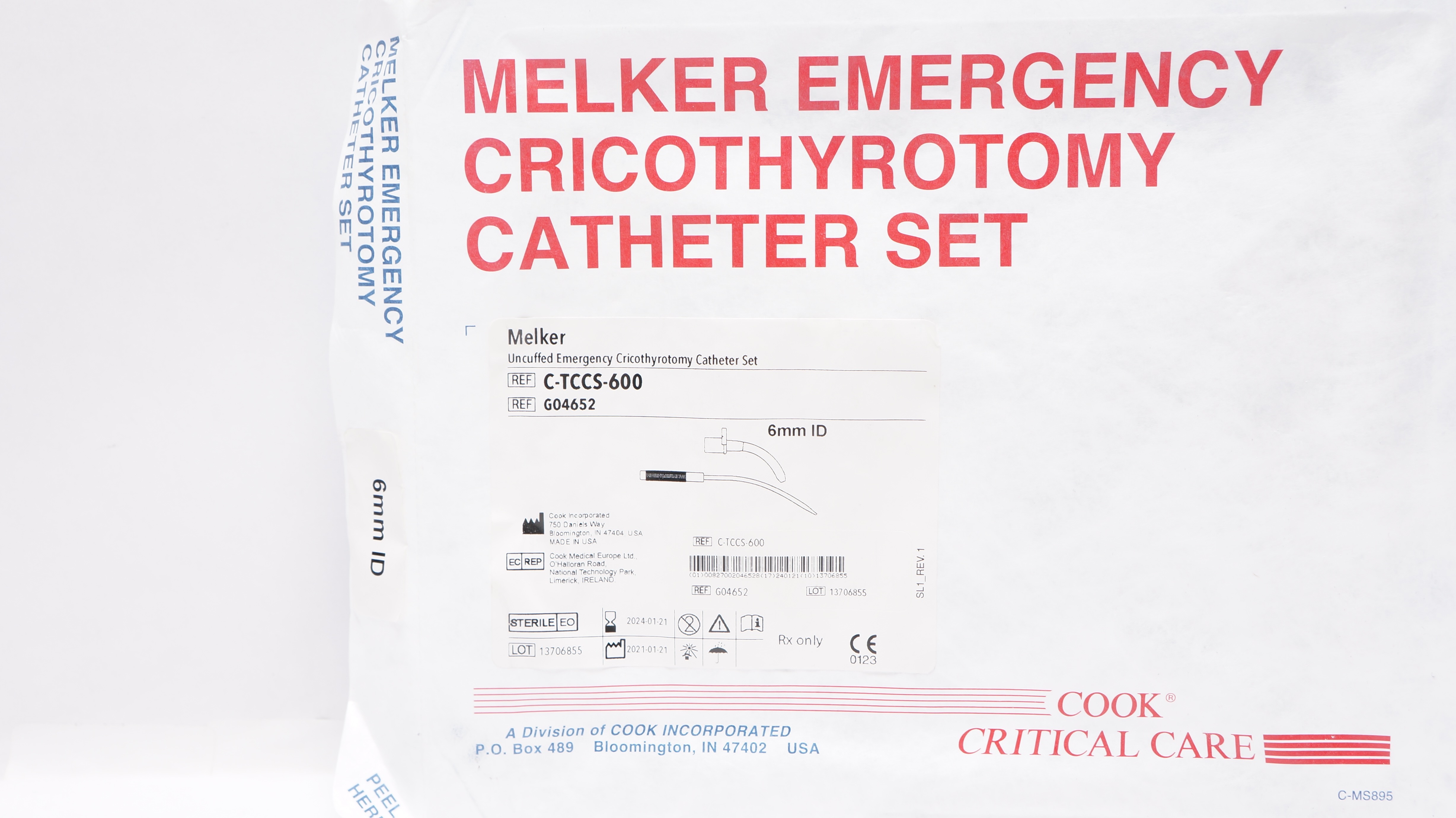 Cook Medical G04652 Melker Uncuffed Emergency Cricothyrotomy Cath. Set 6mm ID
