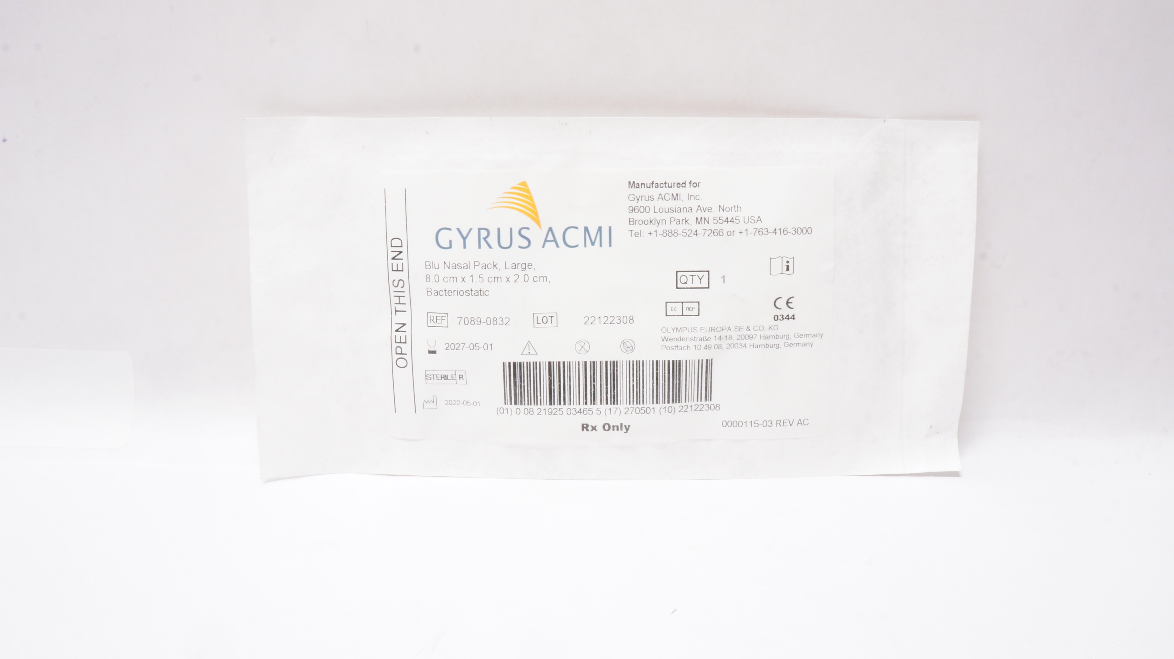 Gyrus Acmi 7089-0832 Blu Nasal Pack,Large, 8.0cm x 1.5cm x 2.0cm, Bacteriostatic