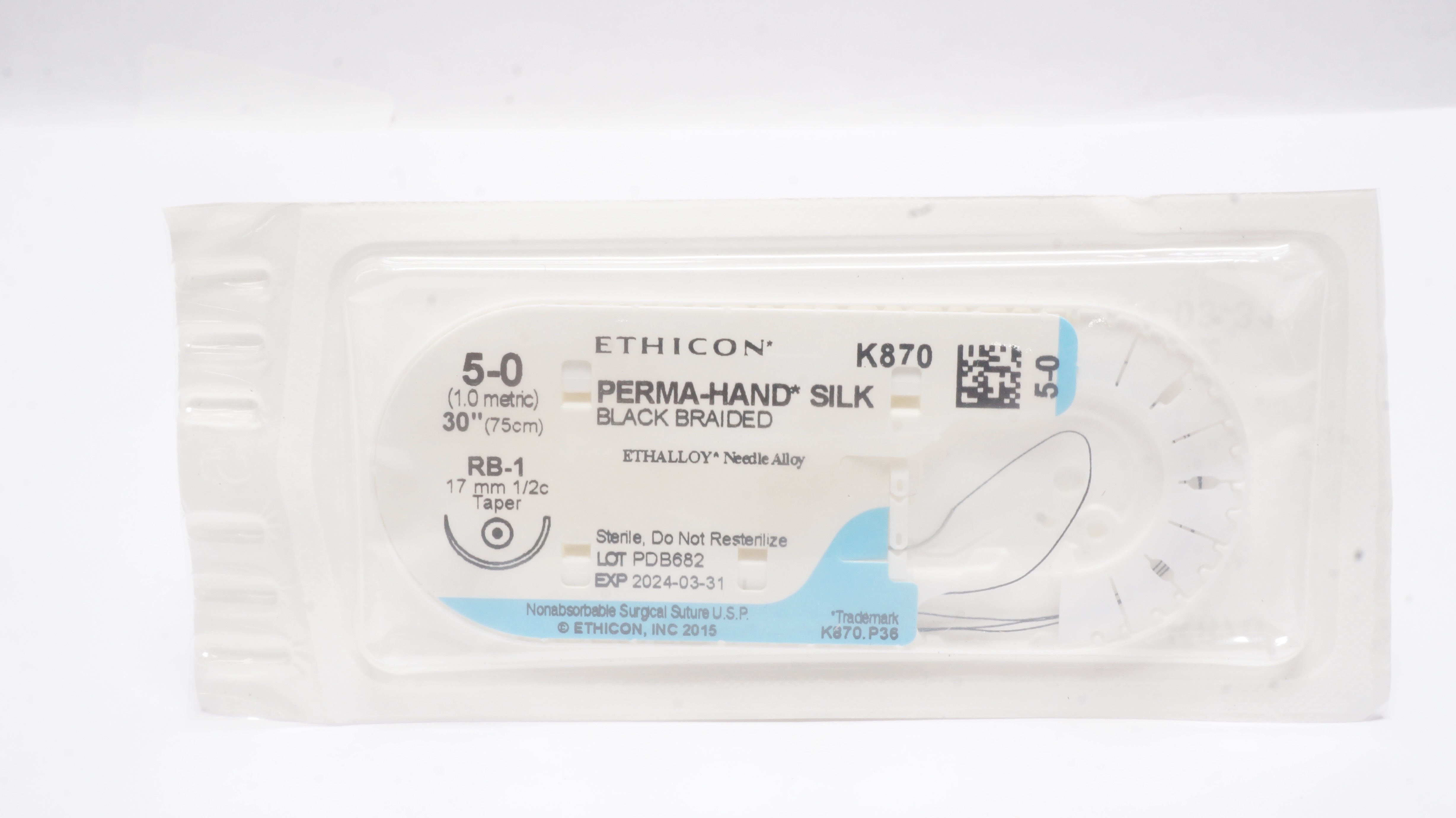 Ethicon K870 5-0 SILK, RB-1, 17mm 1/2c Taper, 30inch
