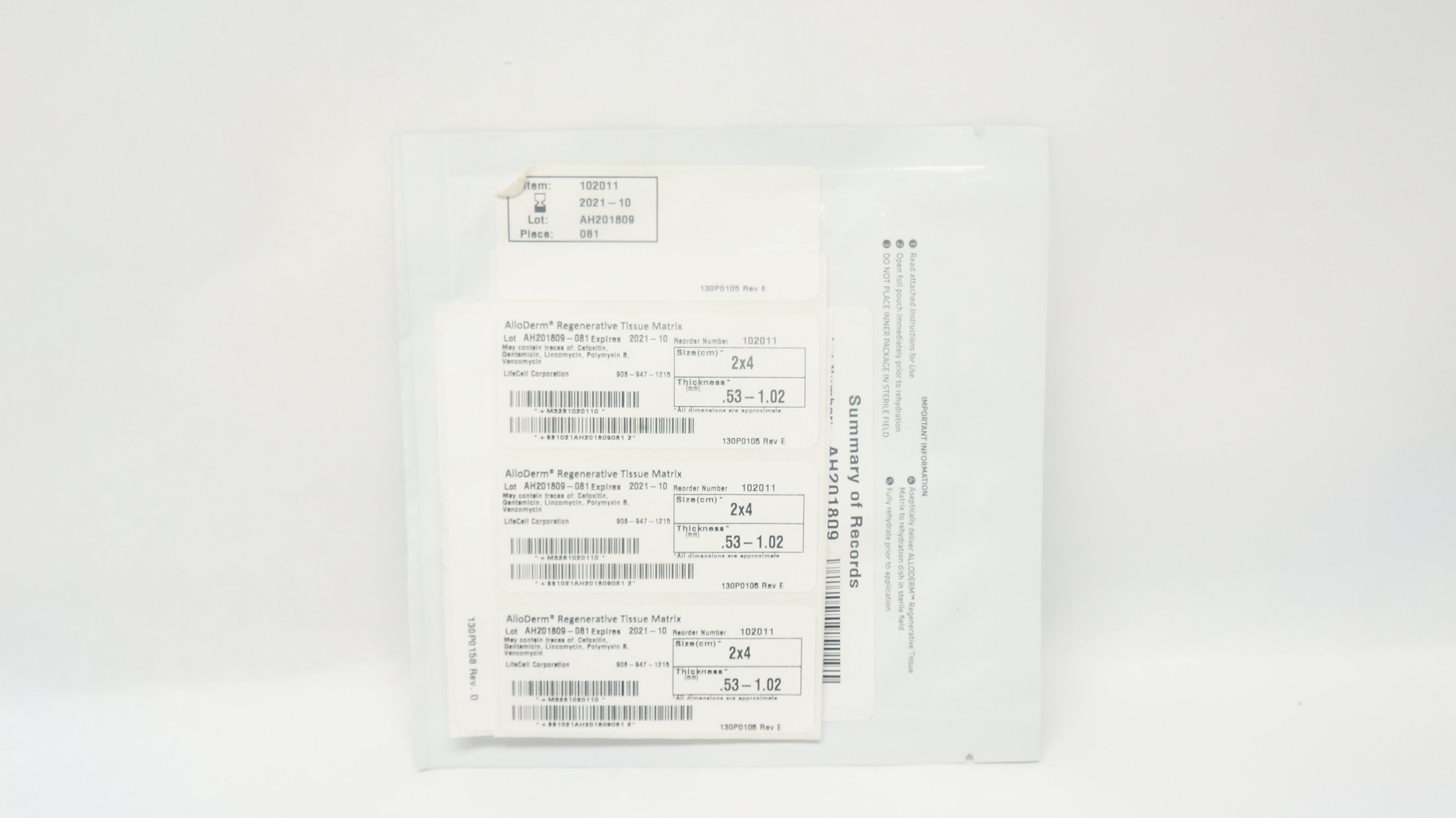Allergan 102011 AlloDerm Regenerative Tissue Matrix 2cm x 4cm .53 - 1.02inch (x)
