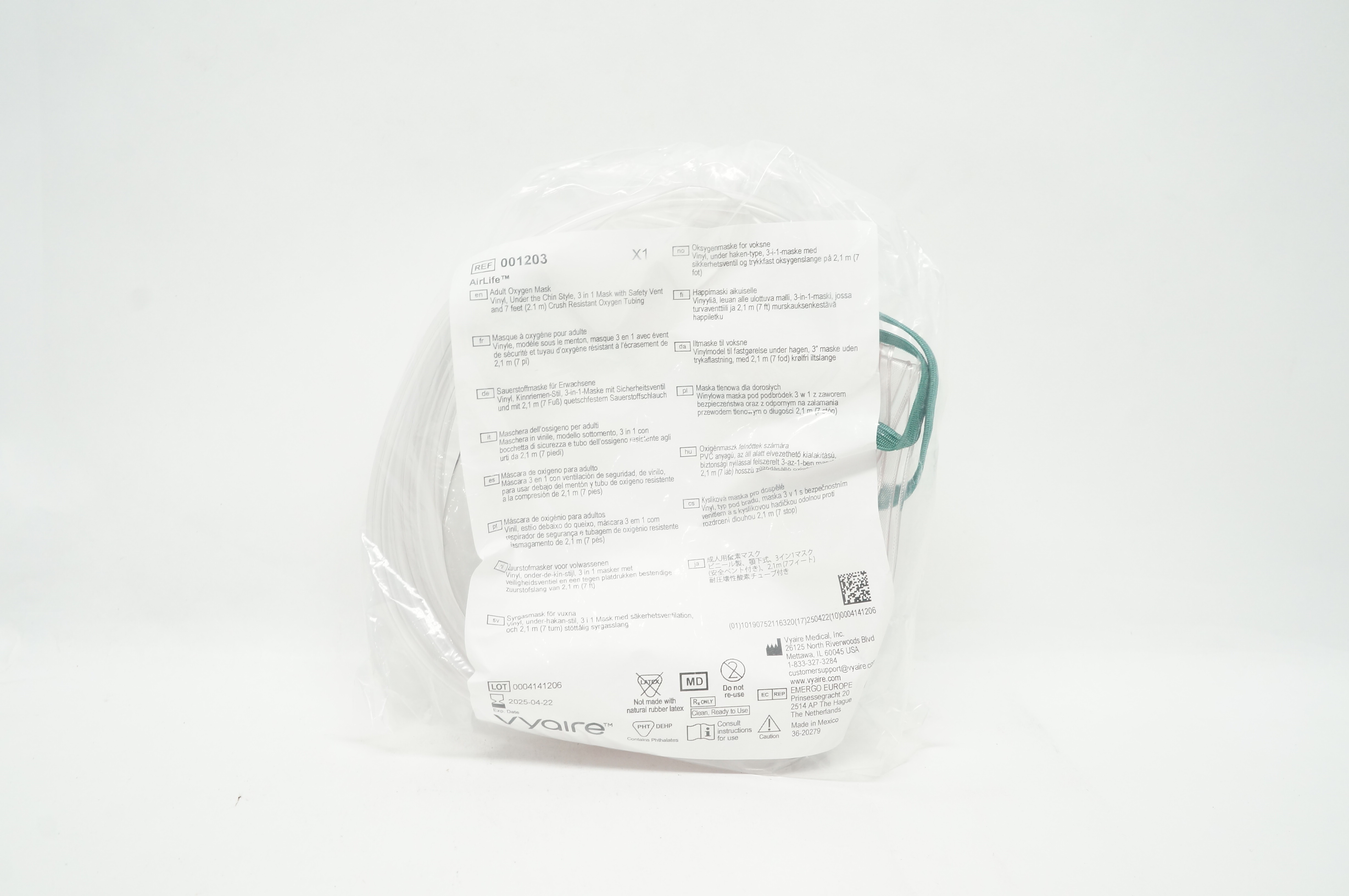 Vyaire 001203 AirLife Adult Oxygen Mask Vinyl w/Resistant Oxygen Tubing 7ft.