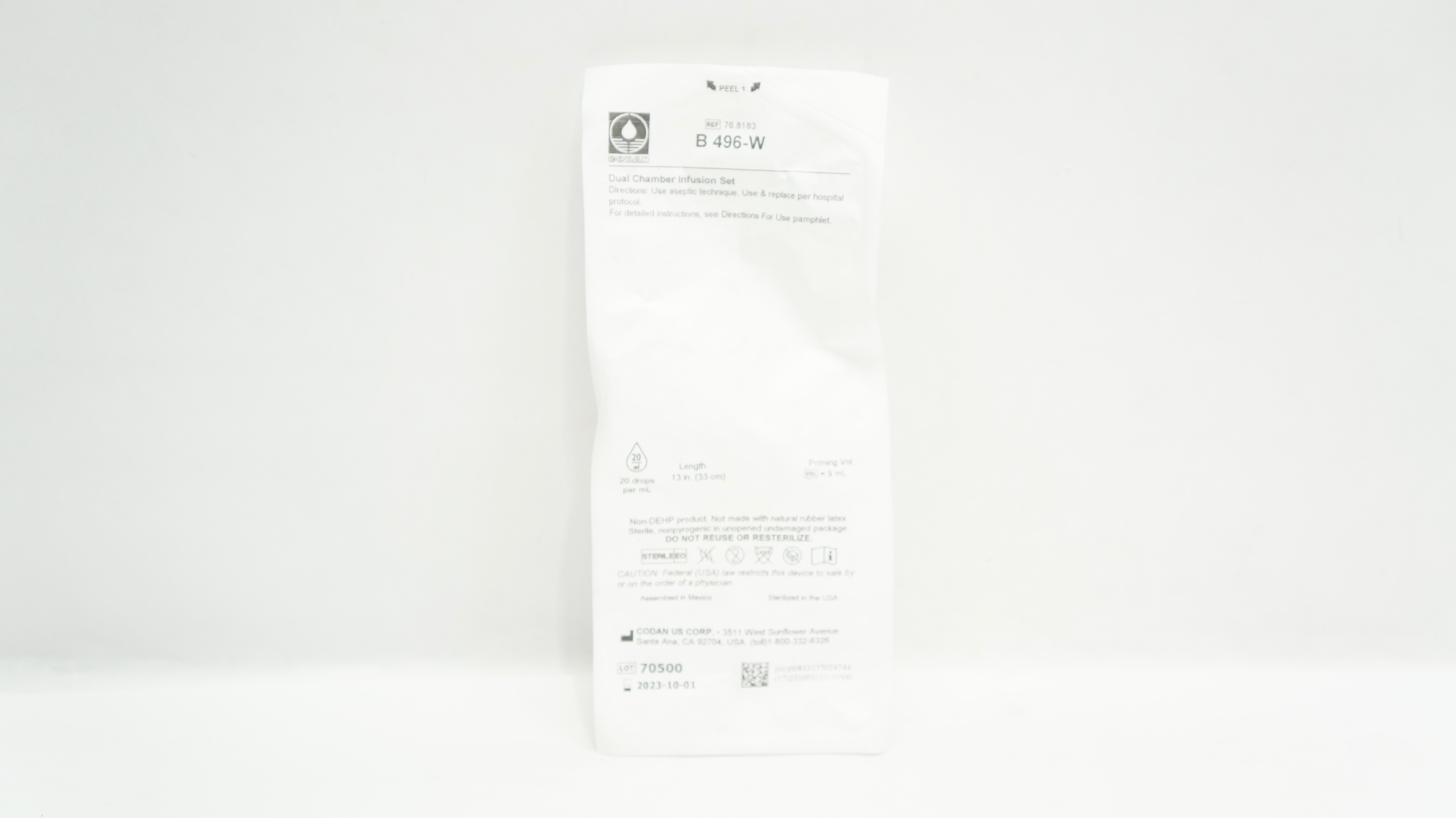 Codan 76.8183 B496-W Dual Chamber Infusion Set 13inch x 9mL 20 Drops/mL