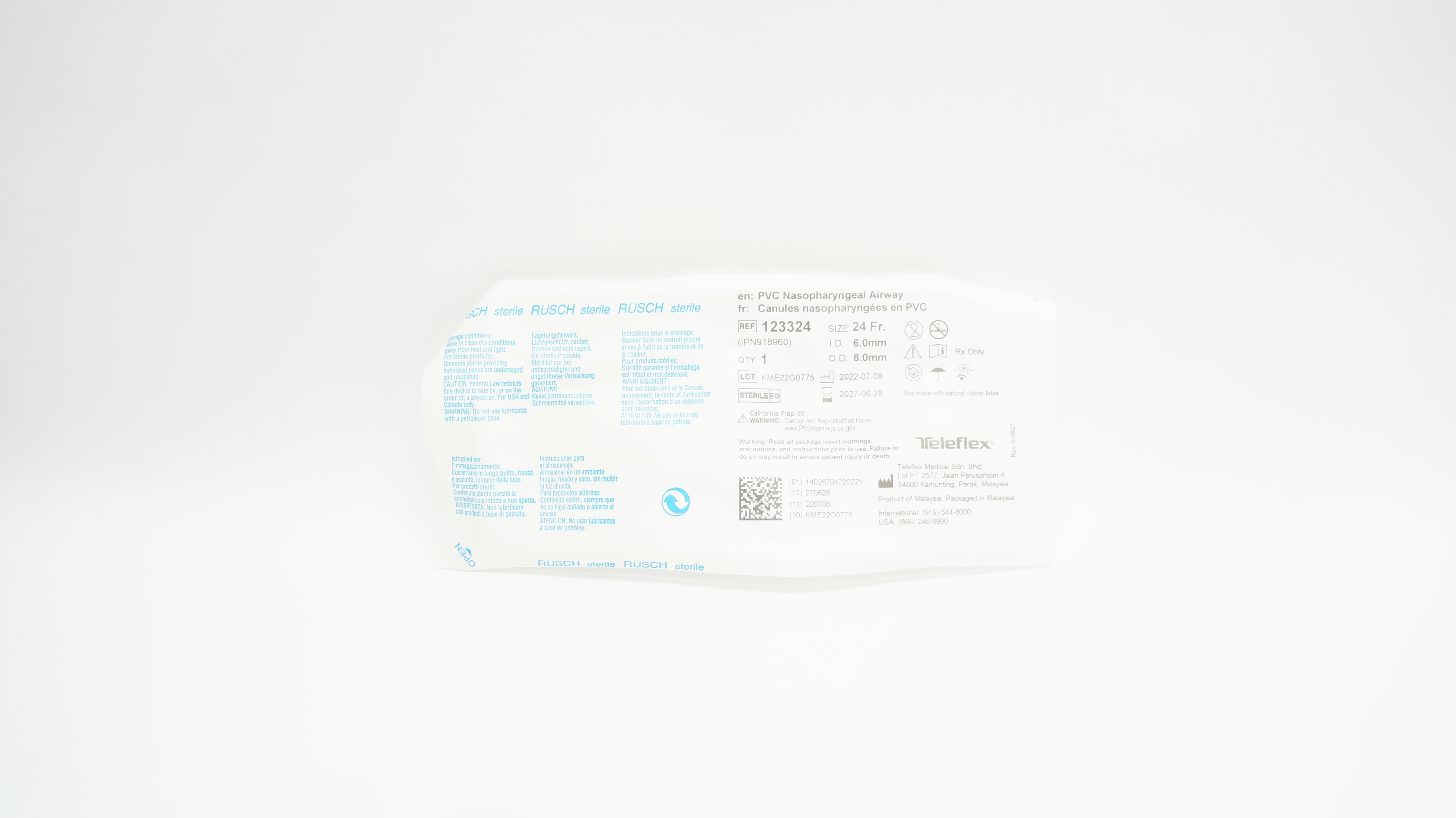 Teleflex 123324 Rusch PVC Nasopharyngeal Airway 24 Fr x 6.0mm ID x 8.0mm OD