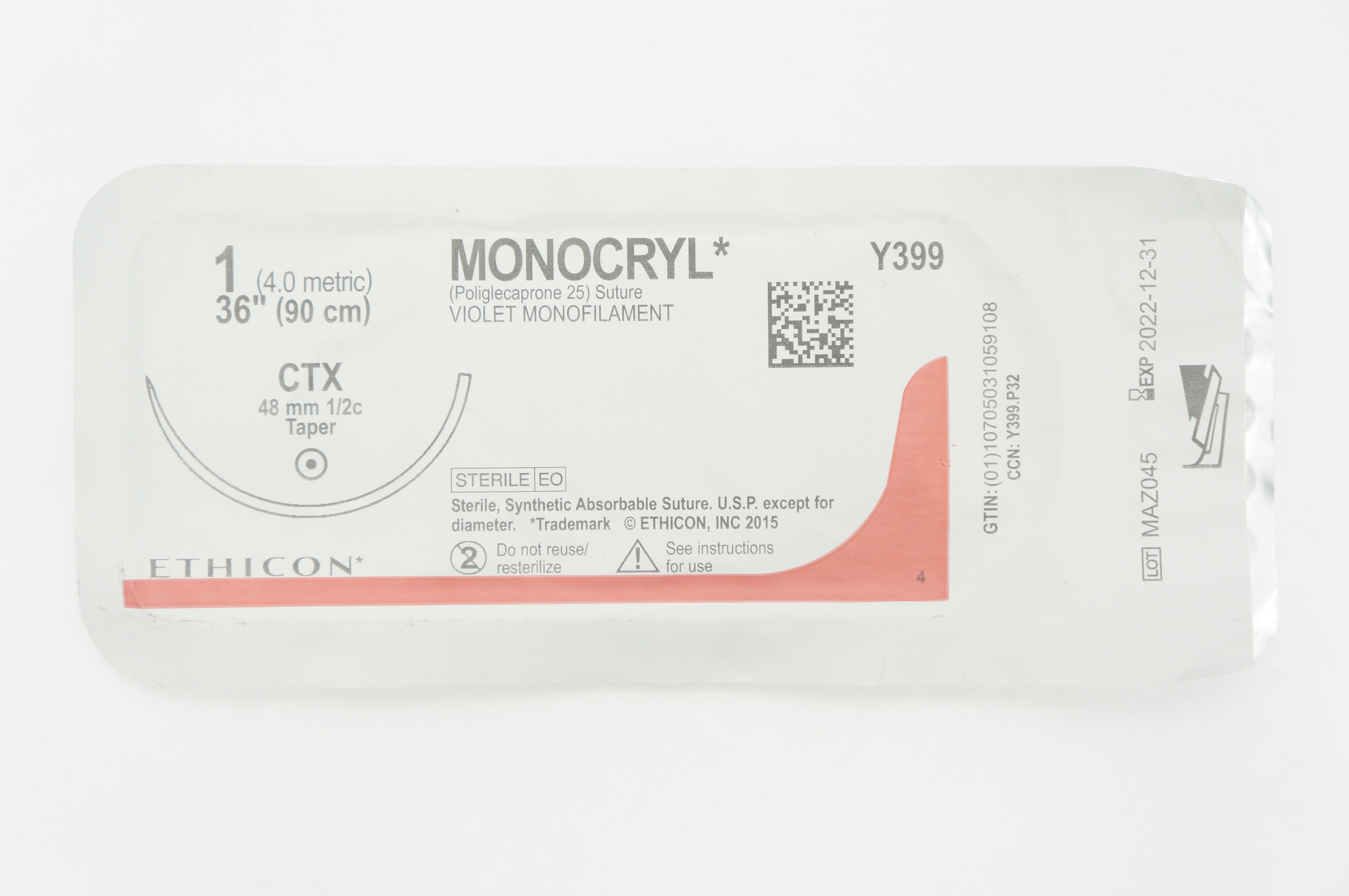 Ethicon Y399 1 MONOCRYL, CTX, 48mm 1/2c Taper, 36inch