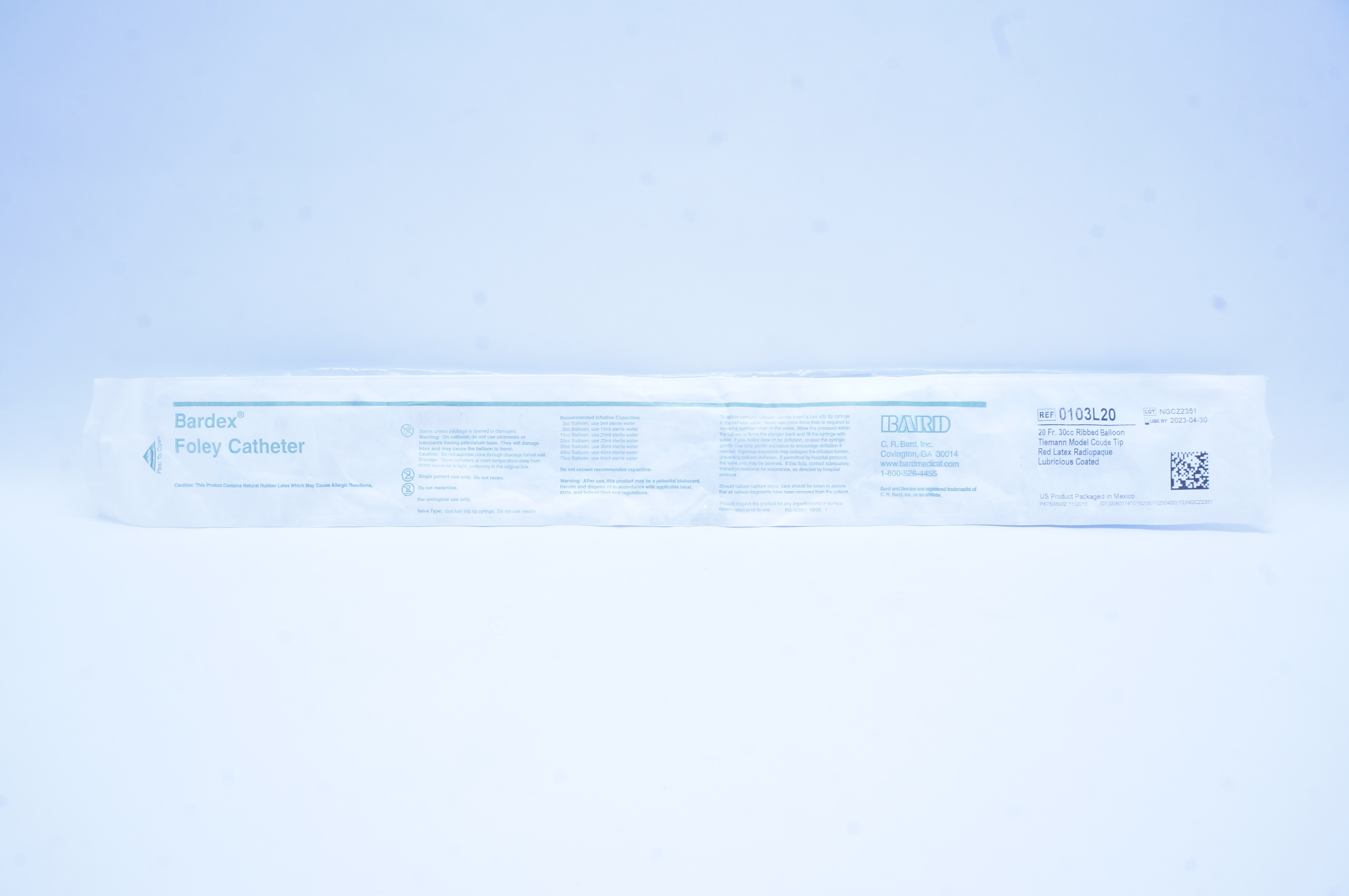 Bard 0103L20 Bardex Foley Cath. 20 Fr,  30cc Ribbed Balloon Coude Tip