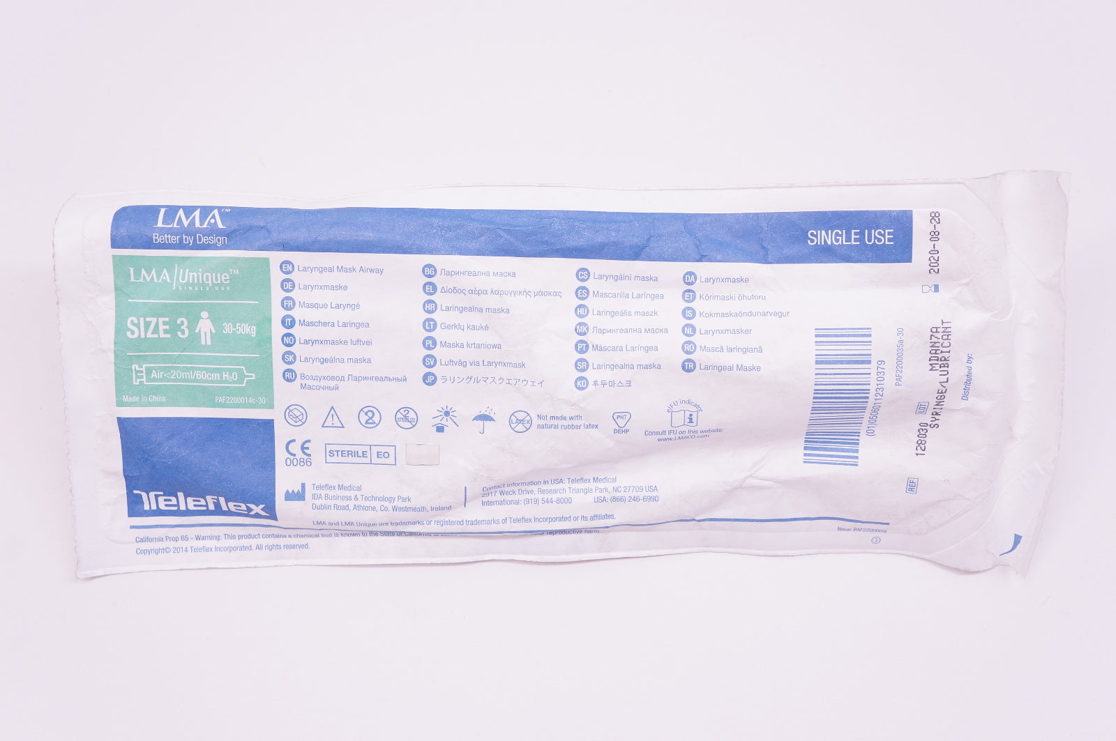 Teleflex 128030 LMA Laryngeal Mask Airway, Size 3 30-50kg