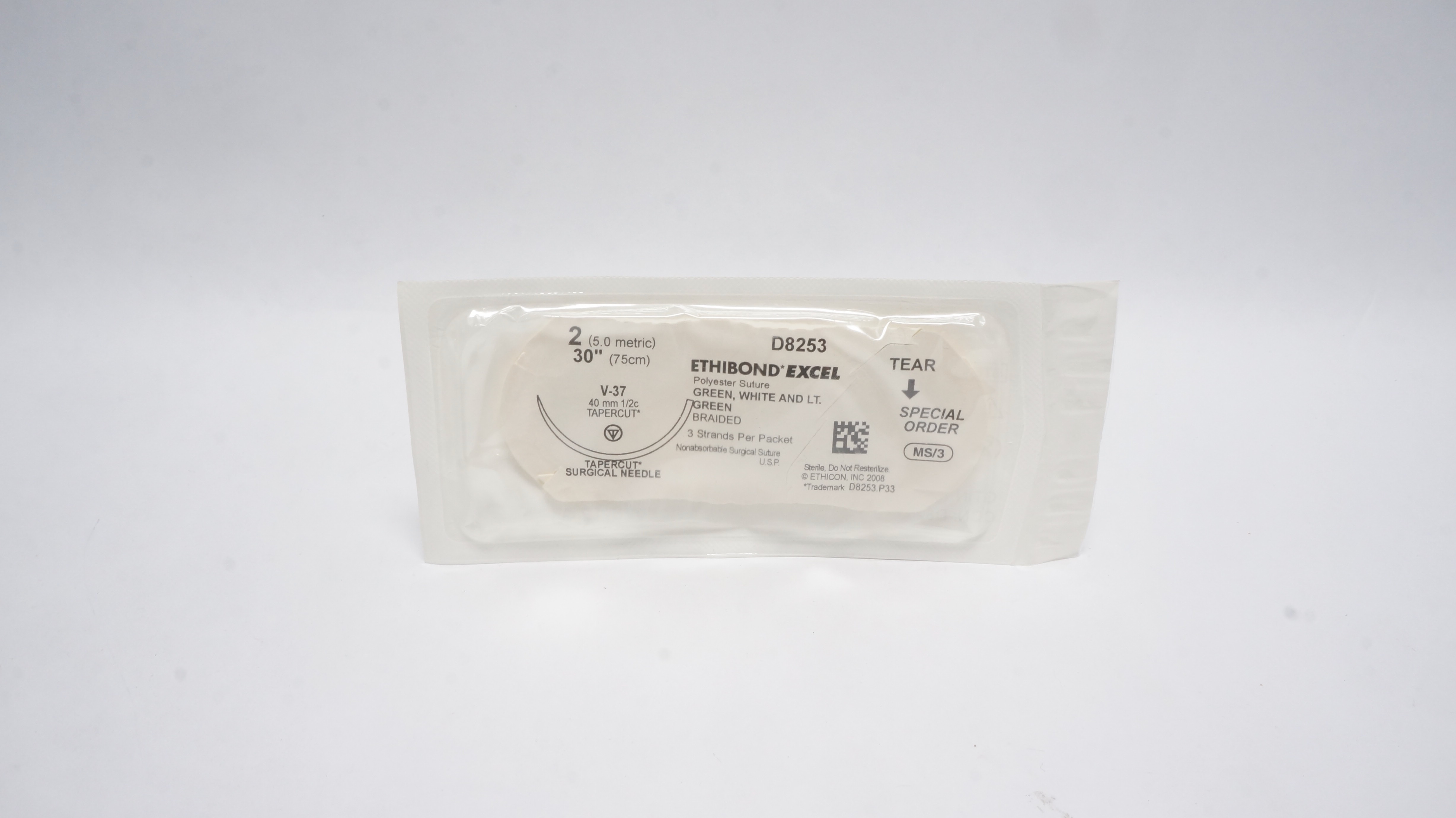 Ethicon D8253 2 Ethibond Excel Polyester Stre.Green,V-37 40mm 1/2c Tapercut 30In