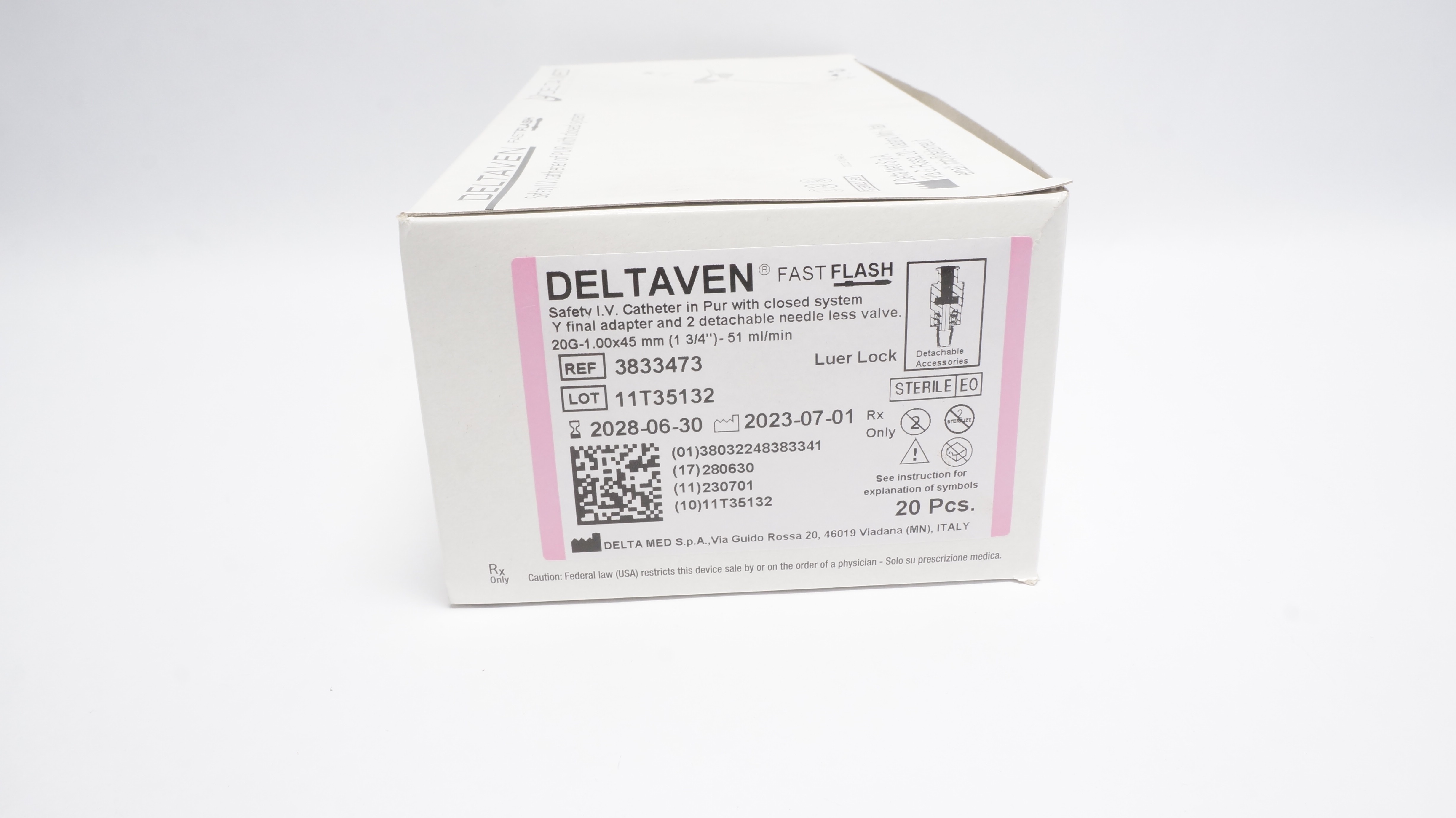 Delta Med 3833473 Deltaven Safety I.V. cath. in Pur W/Closed System - Box of 20