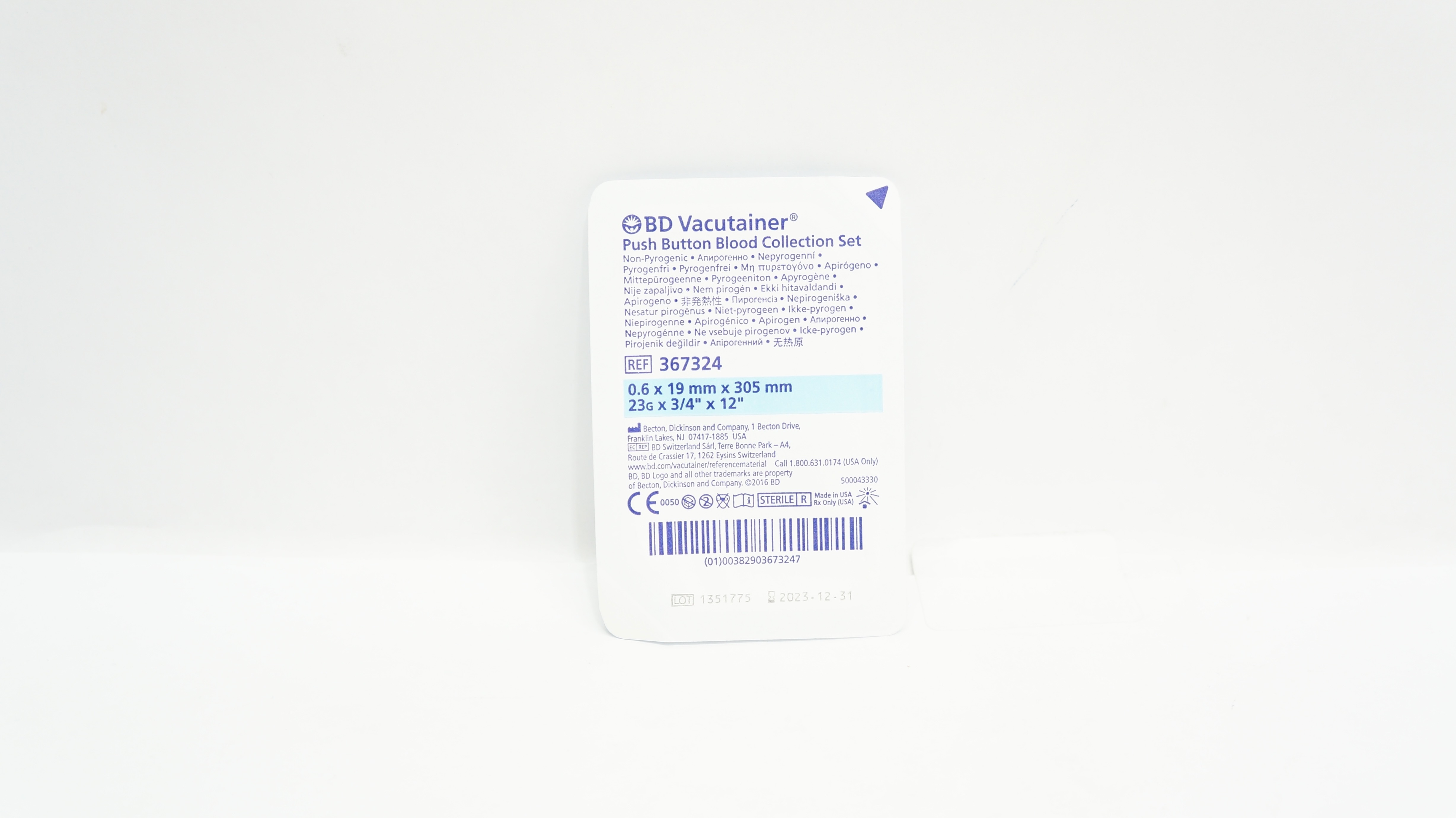 BD 367324 Vacutainer Push Button Blood Collection Set 23G x 3/4inch x 12inch