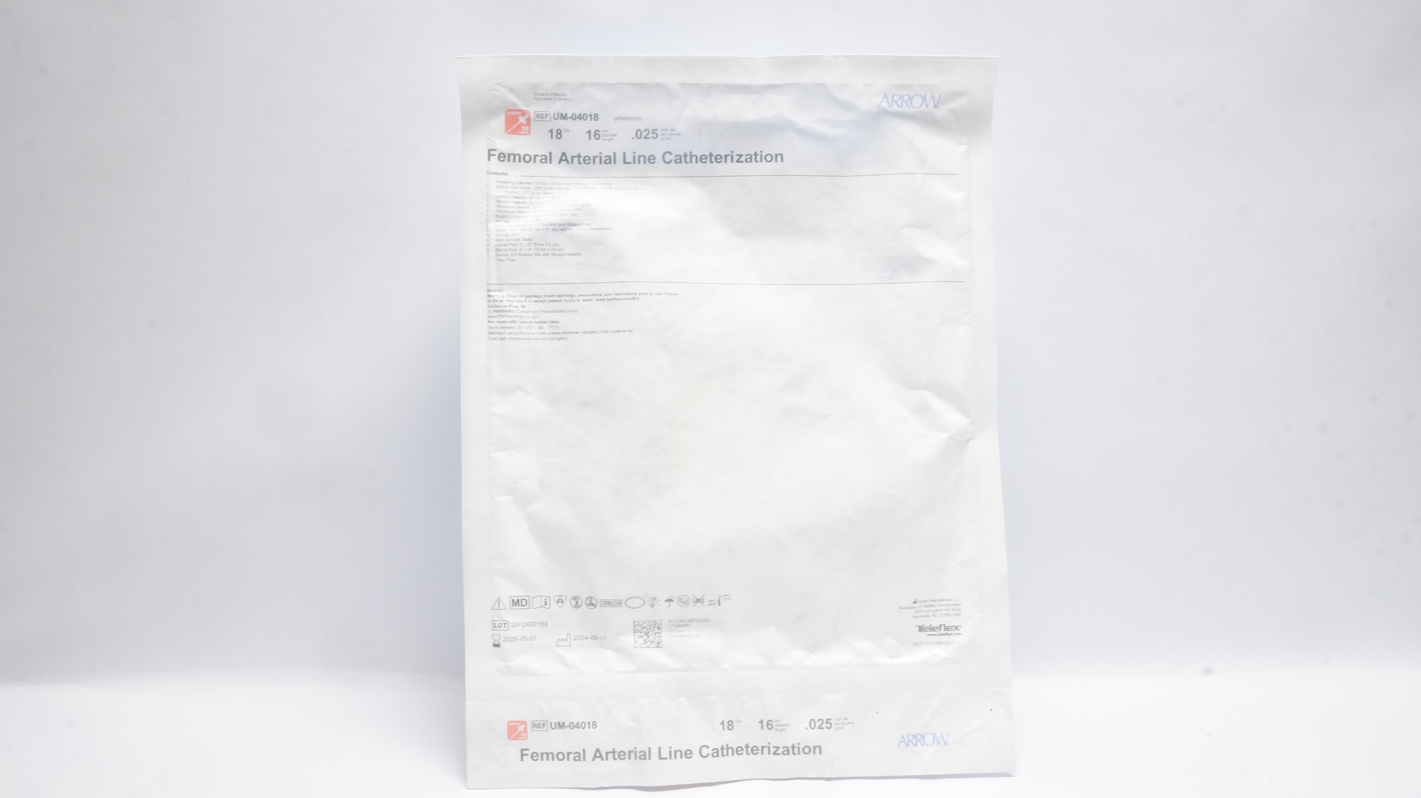 Arrow UM-04018 Femoral Arterial Line Catheterization Kit 18Ga x 16cm x .025inch