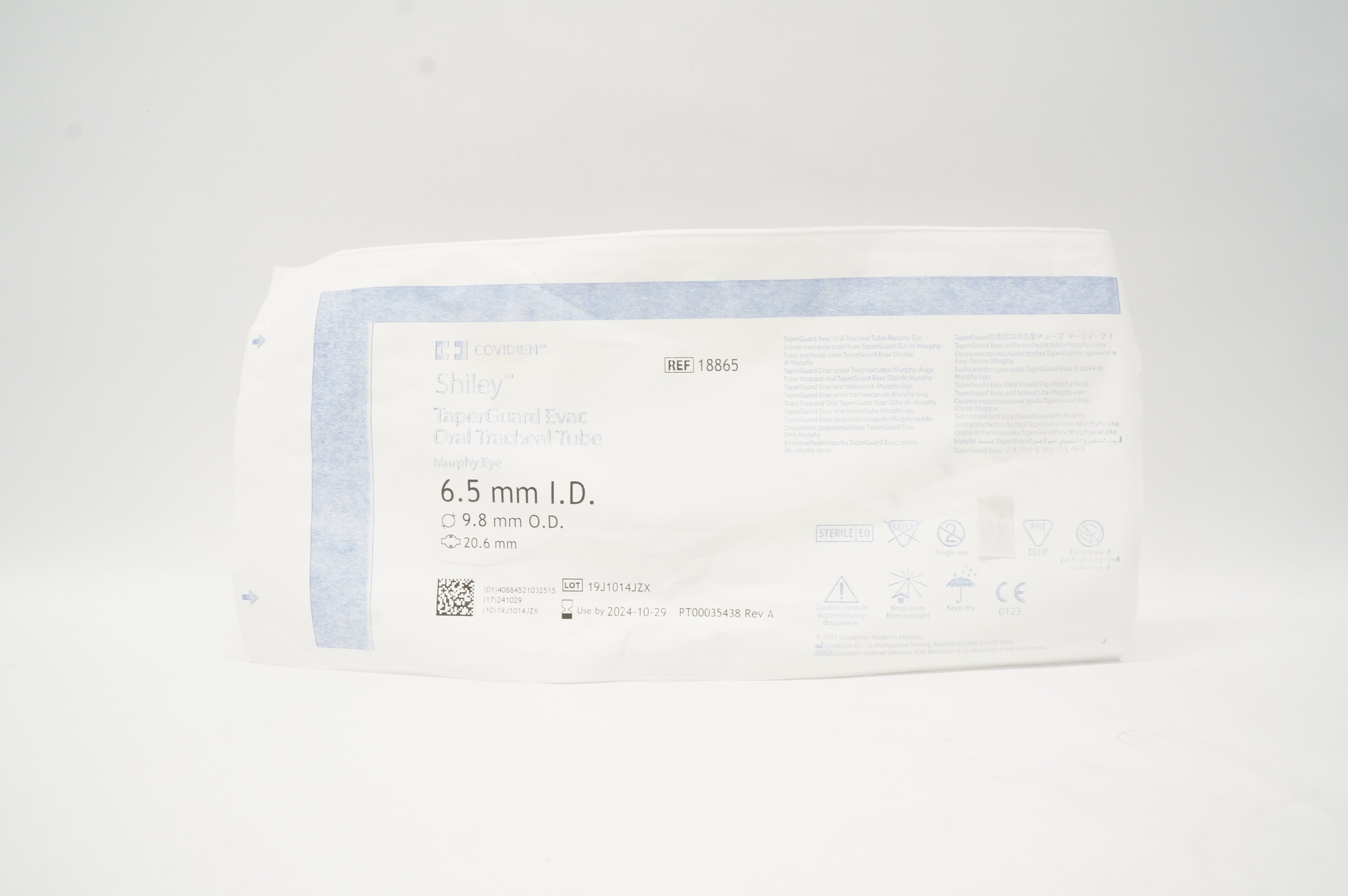 Covidien 18865 Shiley TaperGuard Evac Oral Tracheal Tube 6.5ID x 9.8mOD x 20.6mm