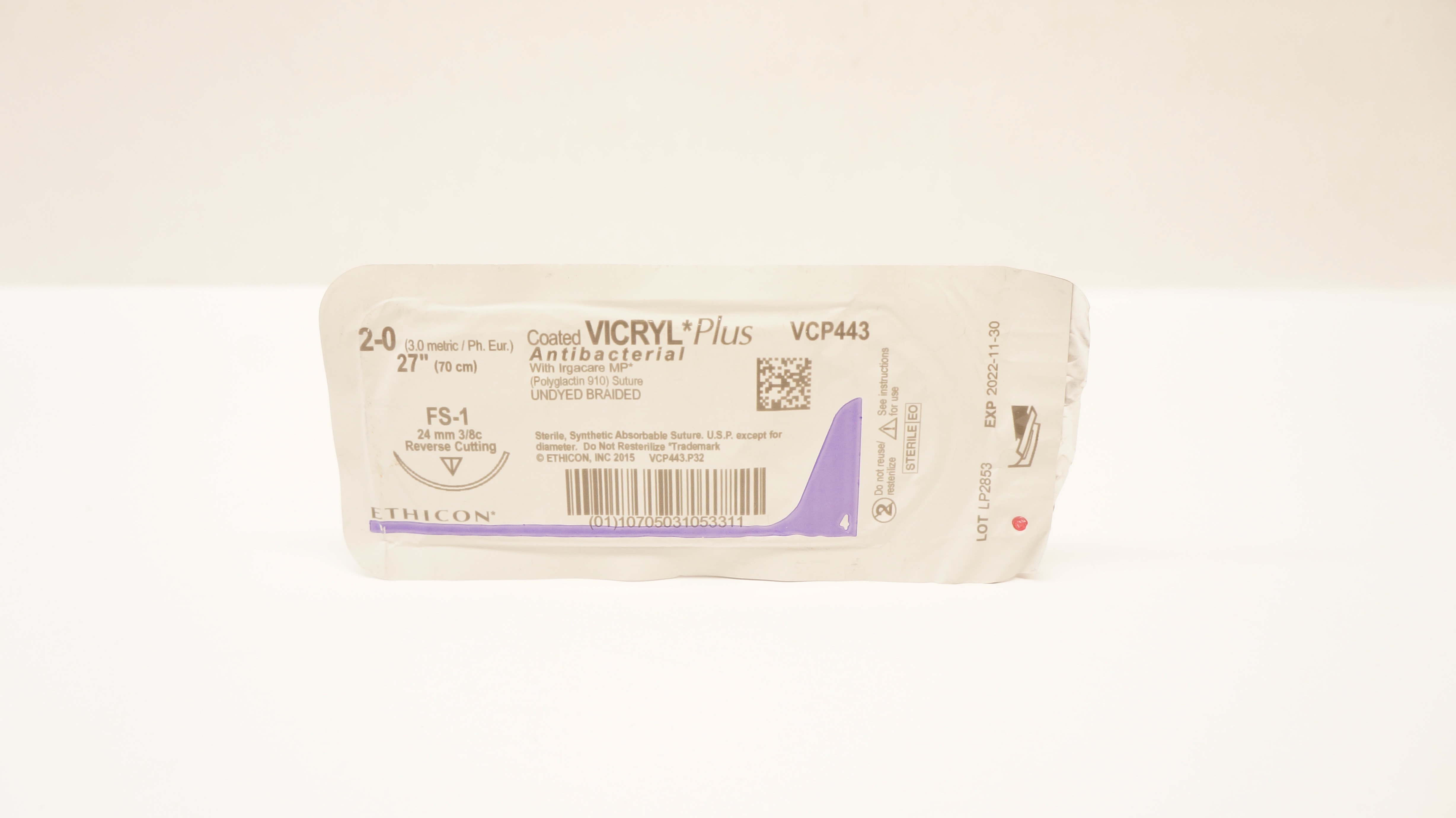 Ethicon VCP443 2-0 VICRYL Plus Stre, FS-1 24mm 3/8c Reverse Cutting, 27inch (x)