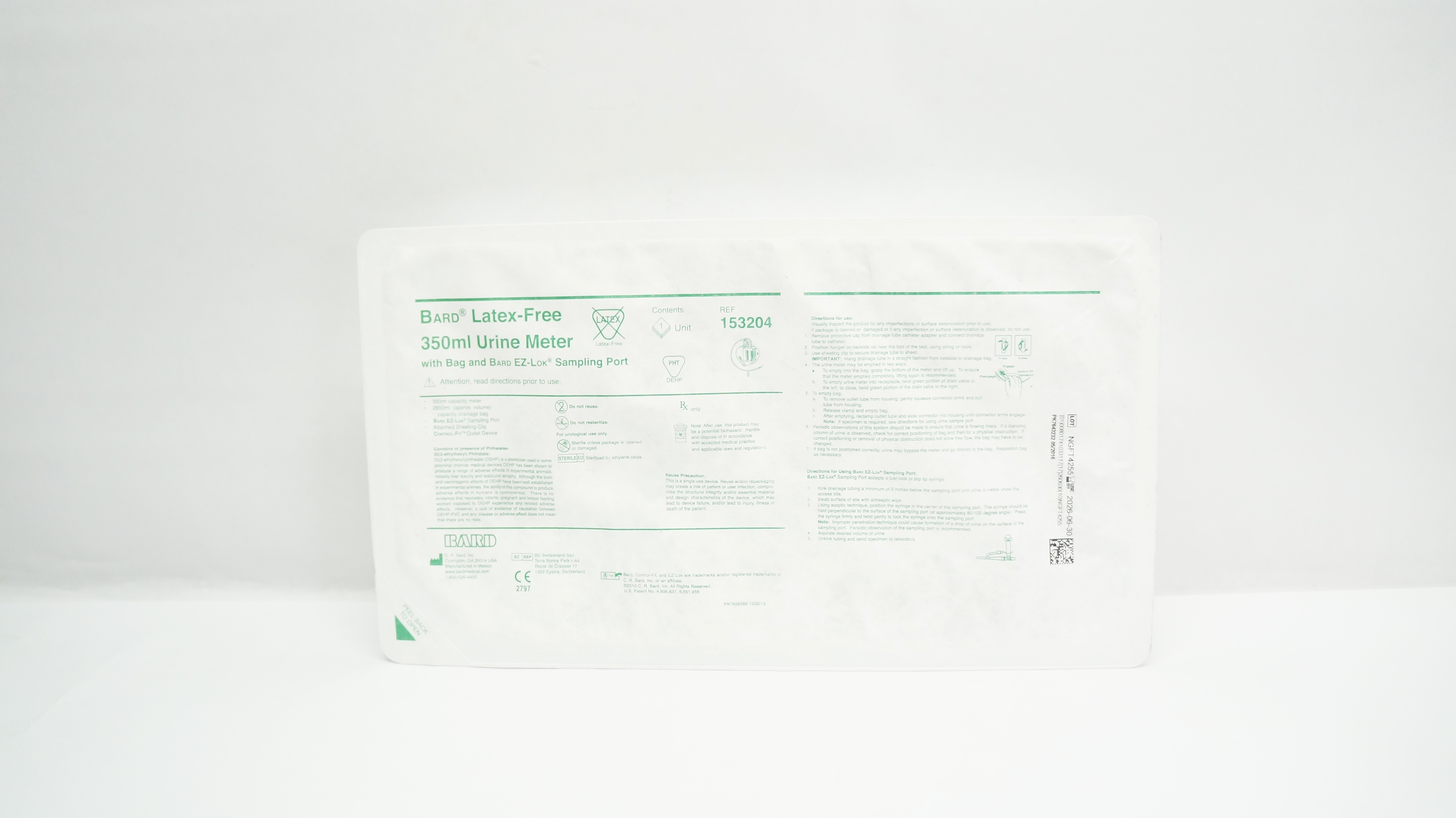 Bard 153204 Latex-Free 350ml Urine Meter with Bag and Bard EZ-Lok Sampling Port