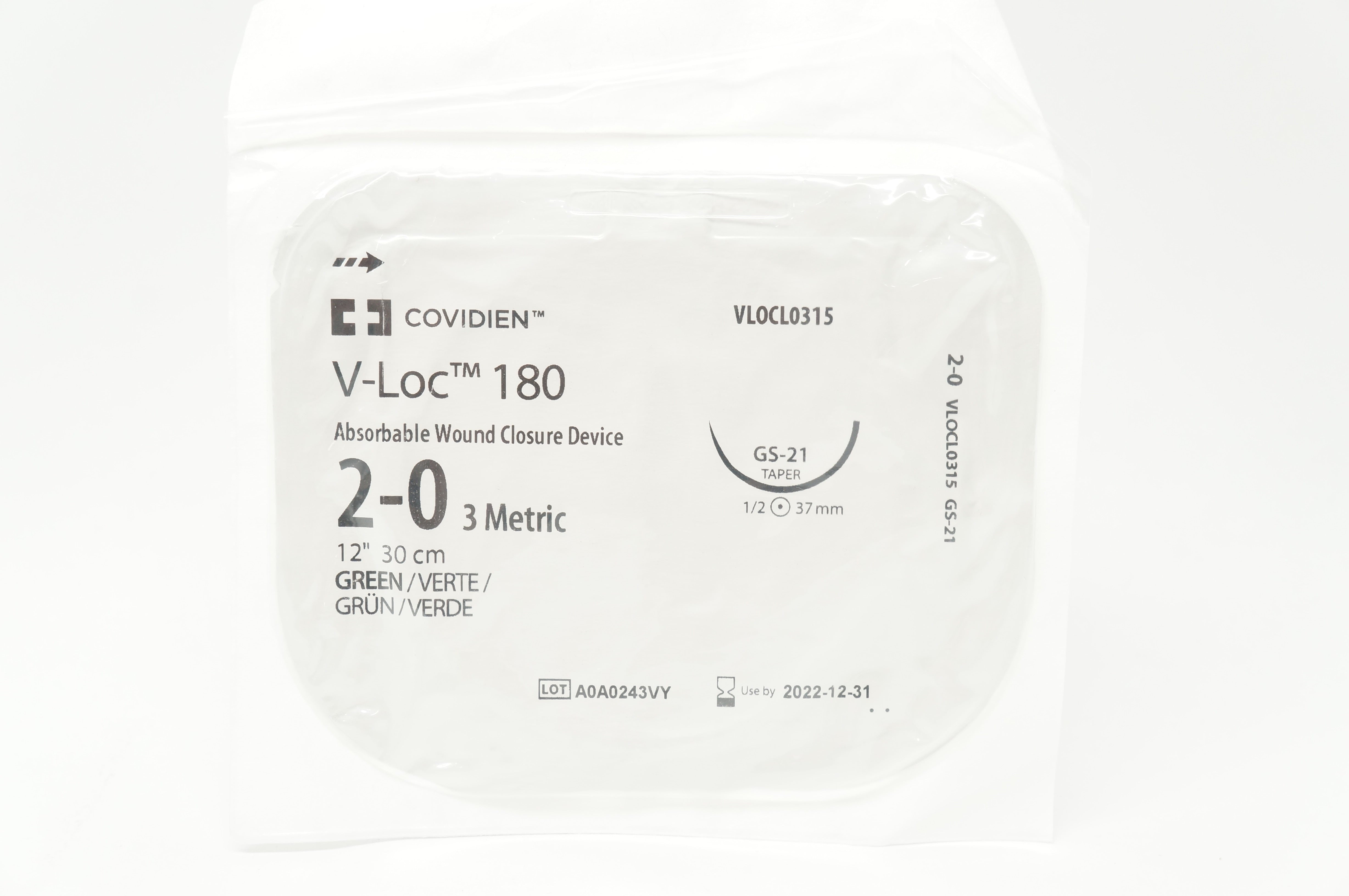 Covidien VLOCL0315 2-0 V-Loc 180 Wound Closure, GS-21 Taper 1/2 37mm, 12inch