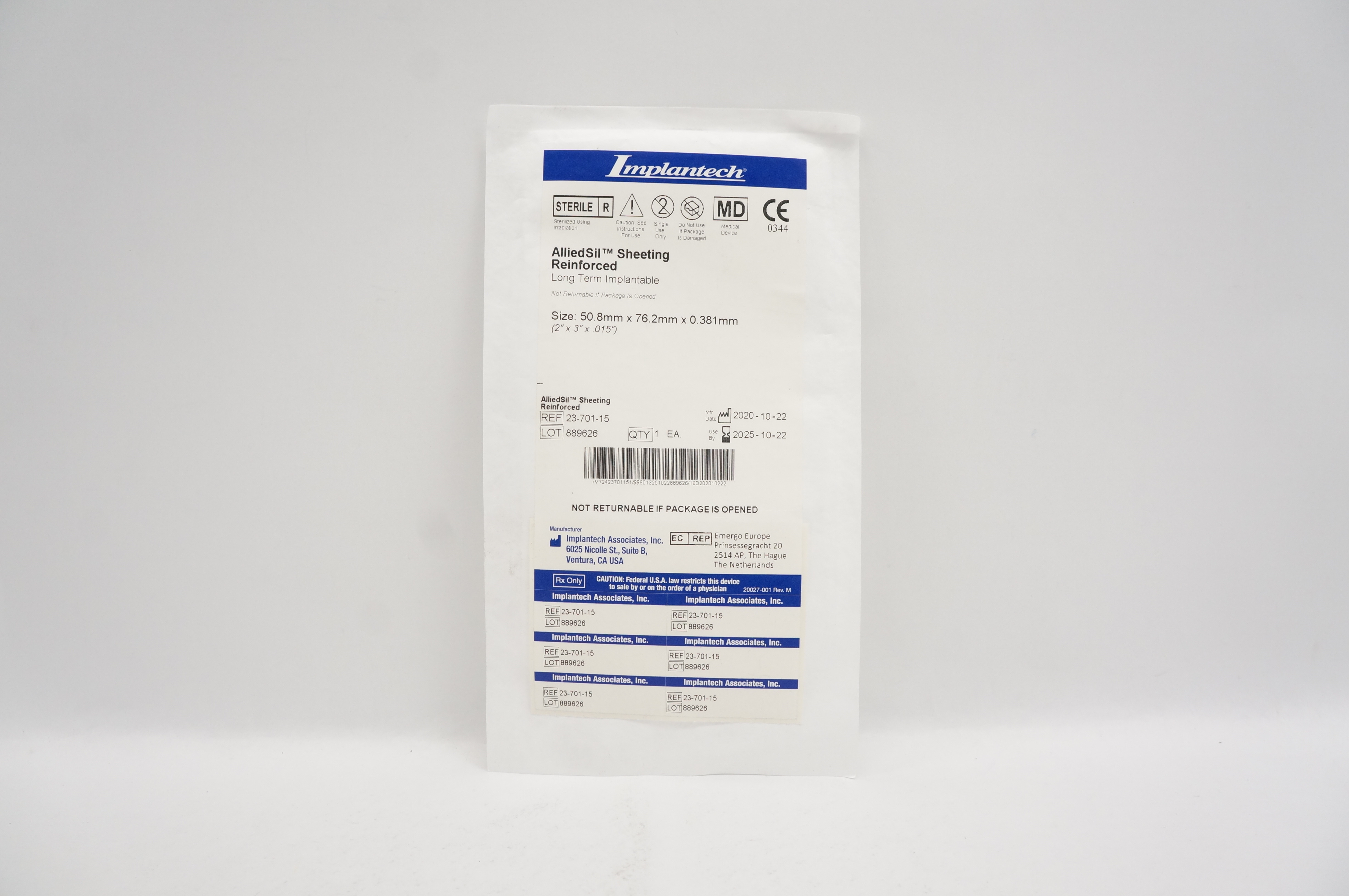 Implantech 23-701-15 AlliedSil Sheeting Reinforced Size: 2 x 3 x .015inch