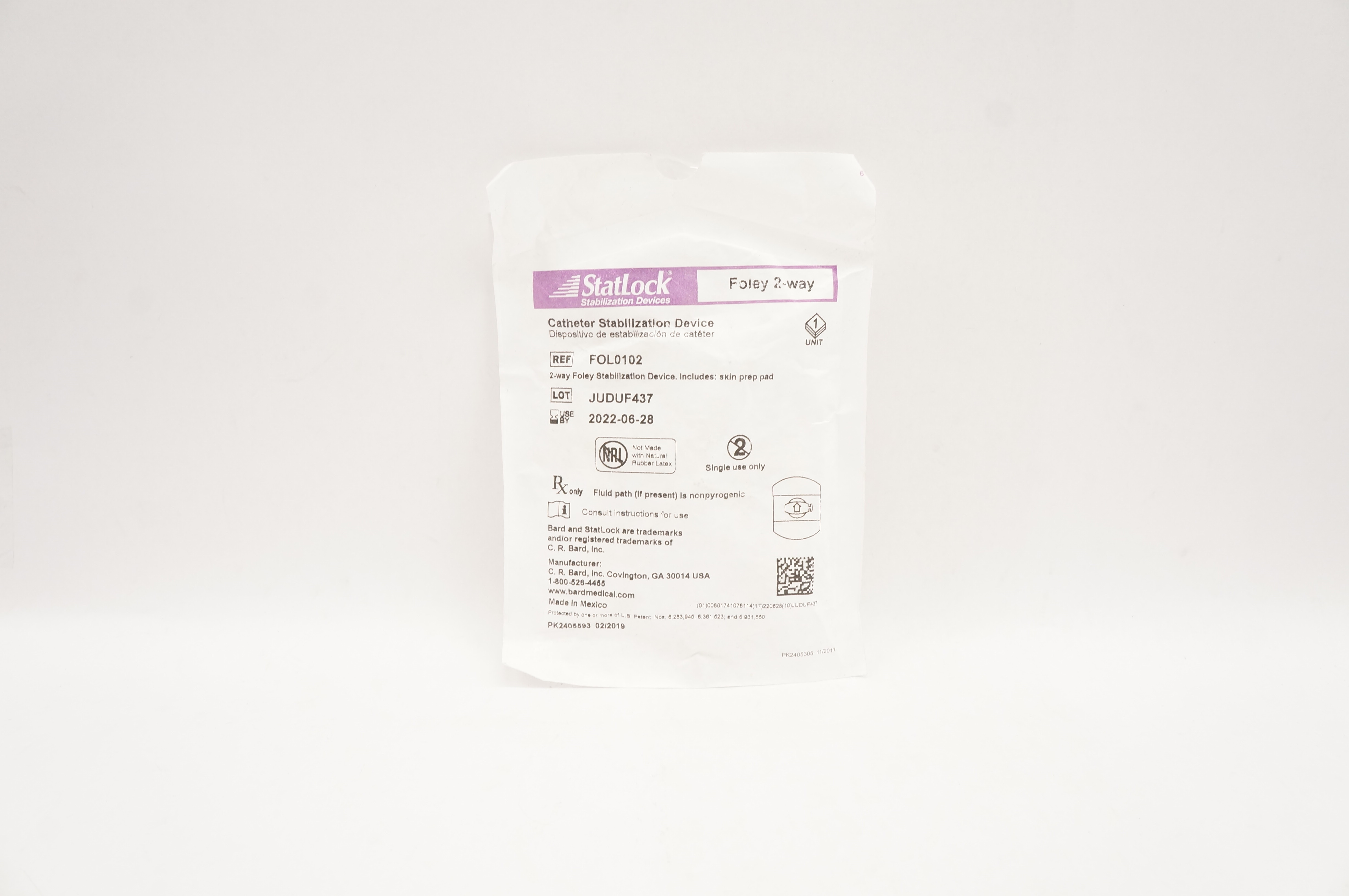 Bard FOL0102 Statlock Cath. Stabilization Device Foley 2-Way (x)