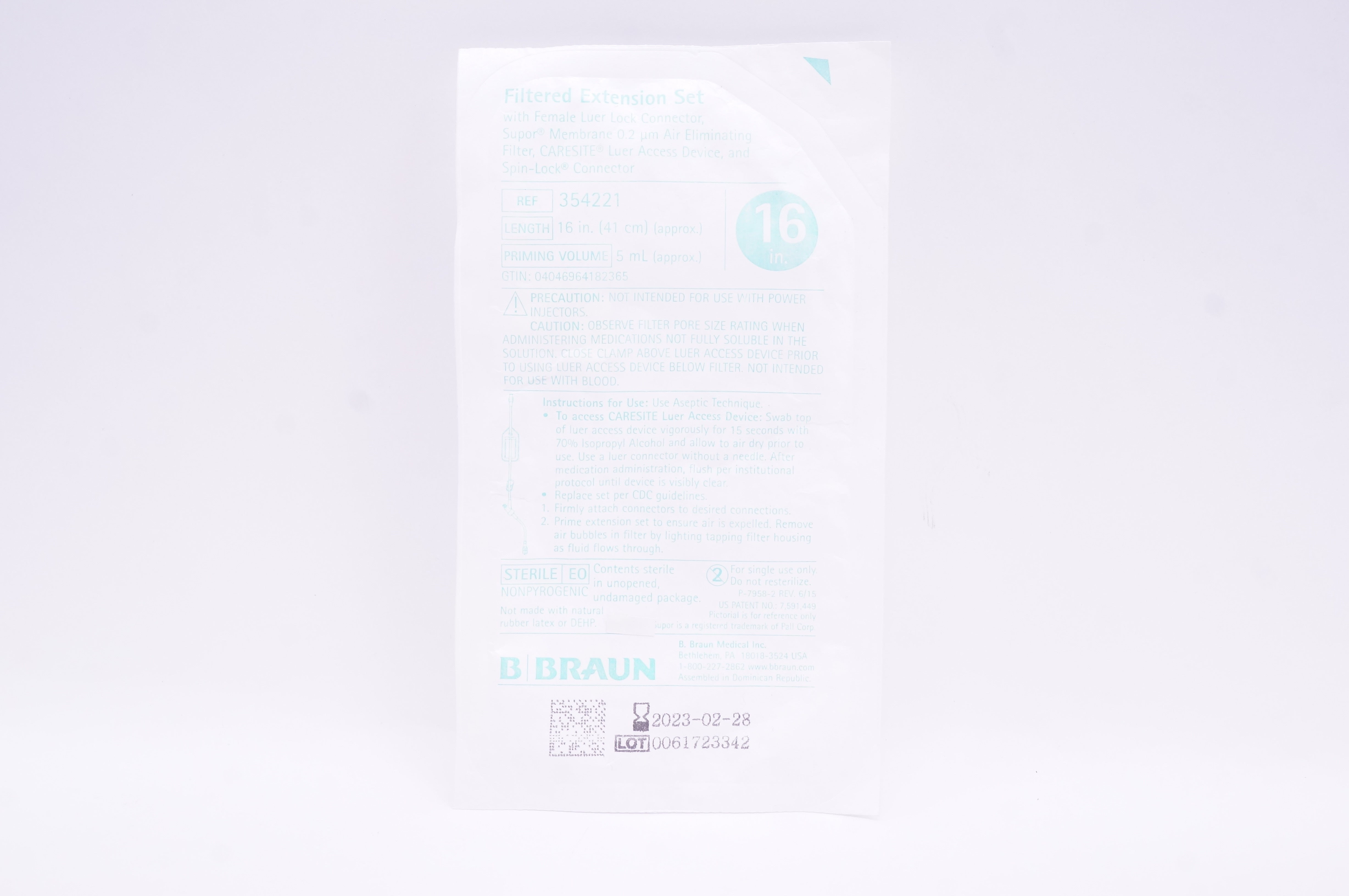 B. Braun 473992 Ultrasite Filtered Extension Set with Female Luer Lock 16in 5mL