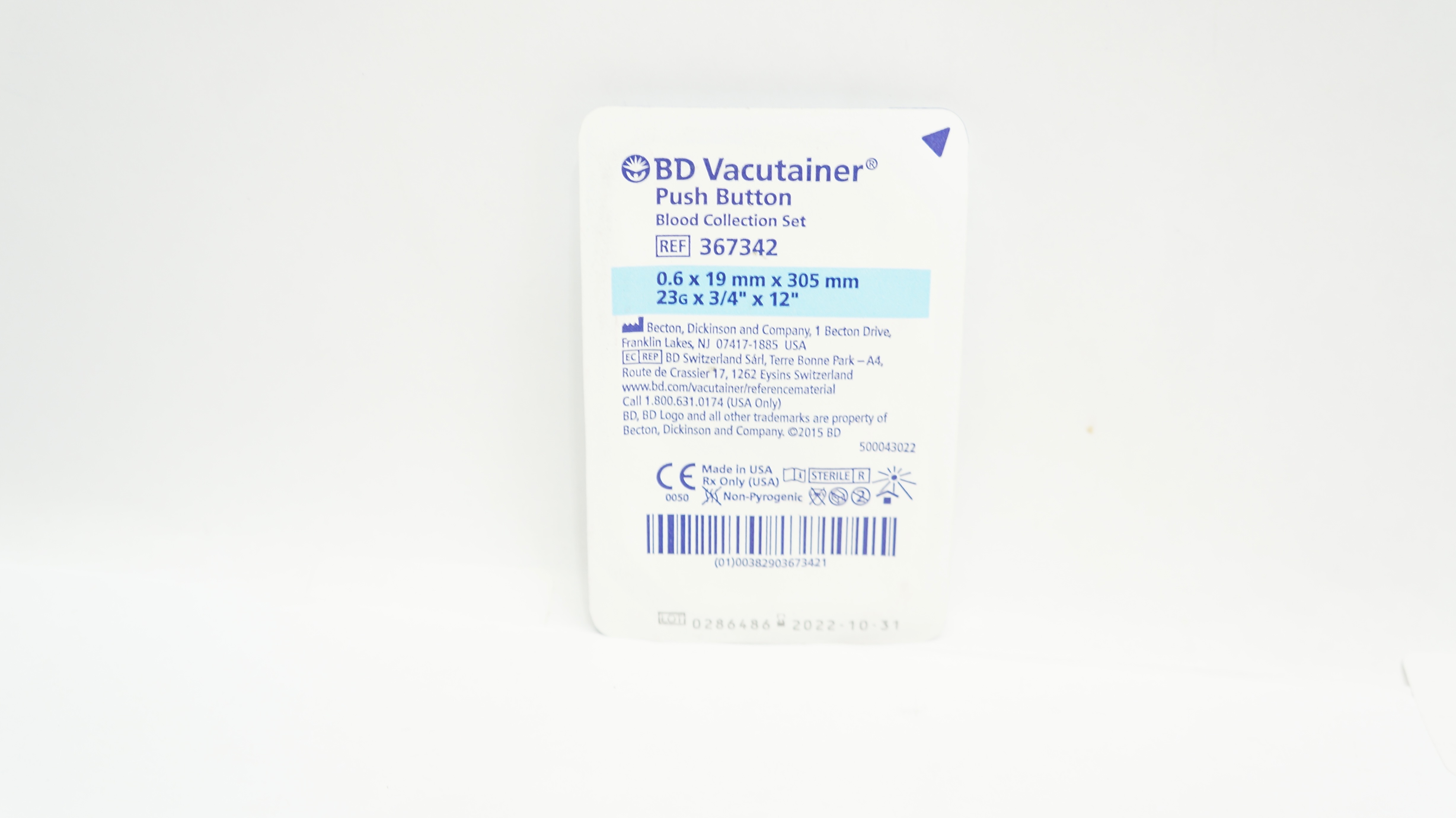 BD 367342 Vacutainer Push Button Blood Collection Set 23G x 3/4inch x 12inch (x)