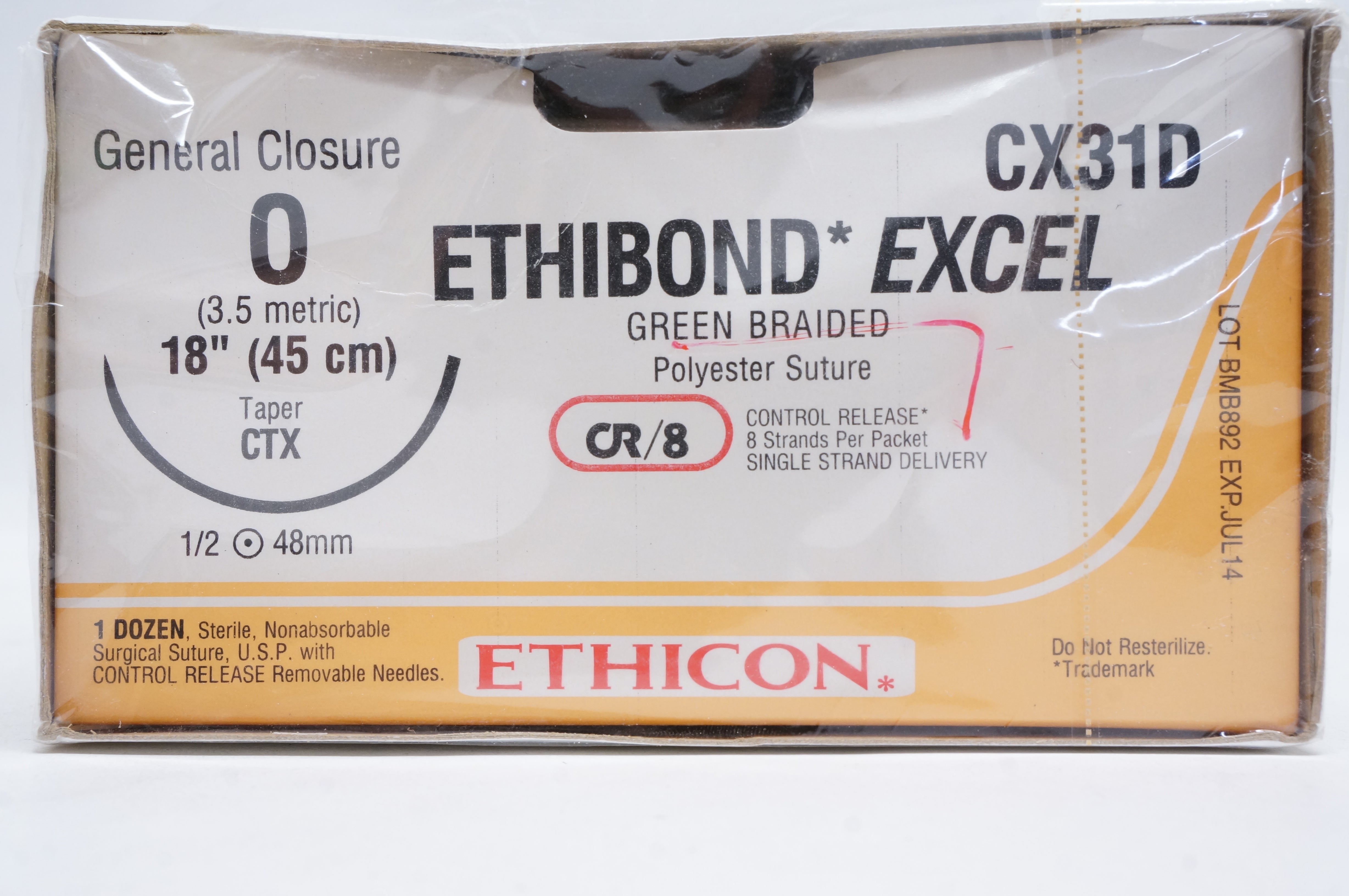 Ethicon CX31D 0 ETHIBOND EXCEL, CTX, 1/2 48mm, 18inch (x) - Box of 12