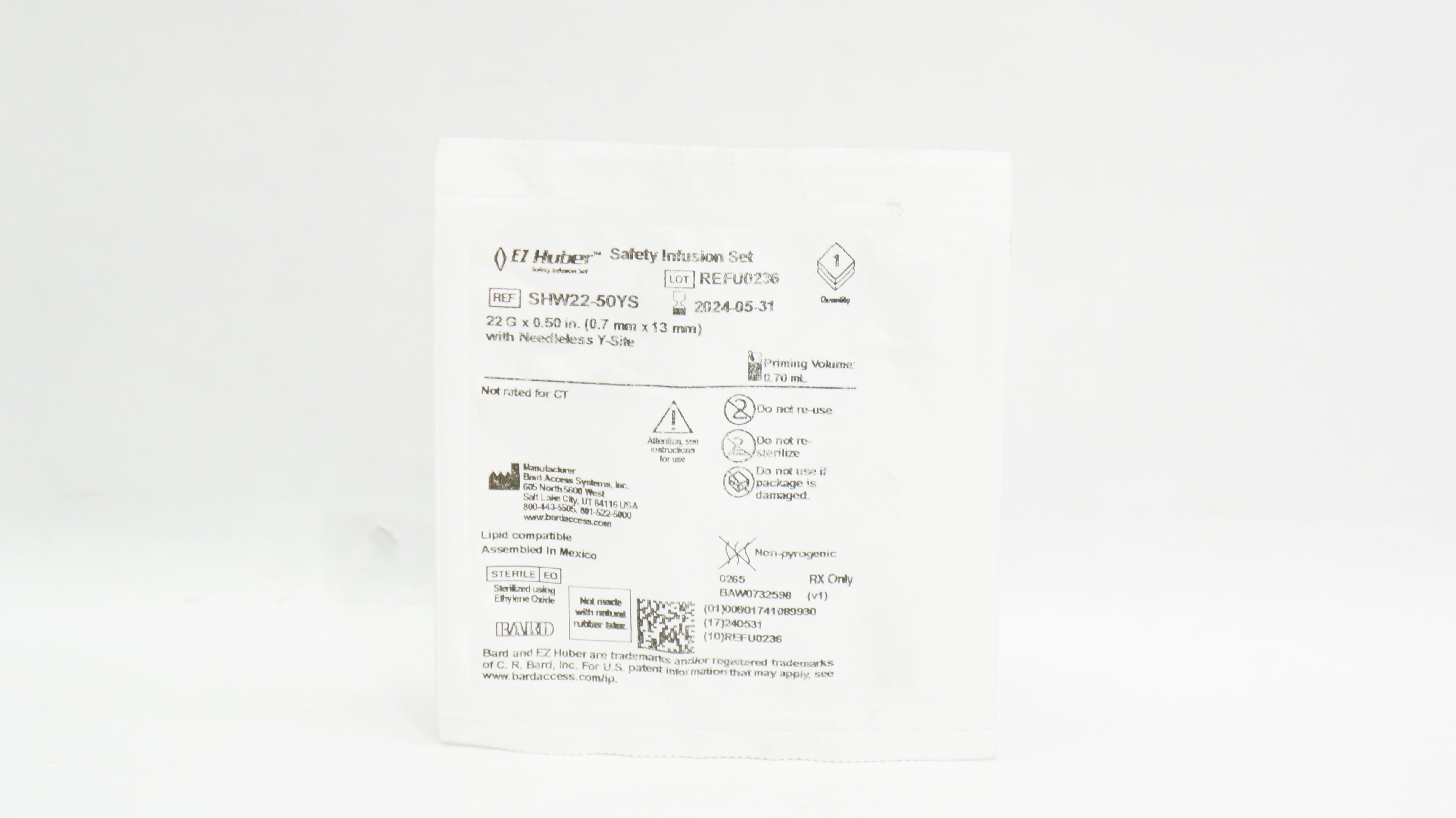 Bard SHW22-50YS EZ-Huber Safety Infusion Set W/Ndleless Y-Site 22G x 0.50inch