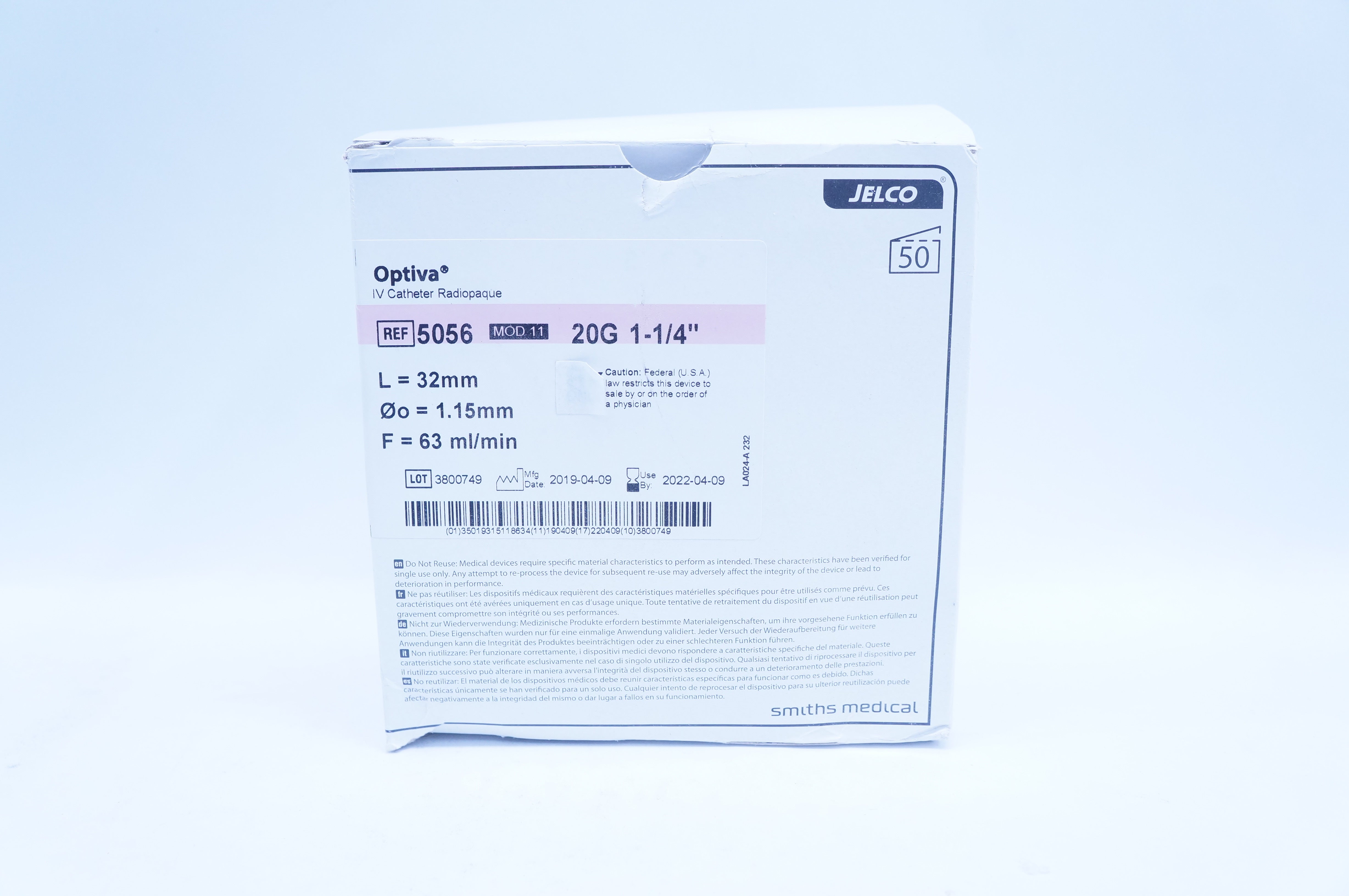 Smiths Medical 5056 Jelco Optiva IV Cath. Radiopaque 20G 1-1/4 inch - Box of 40