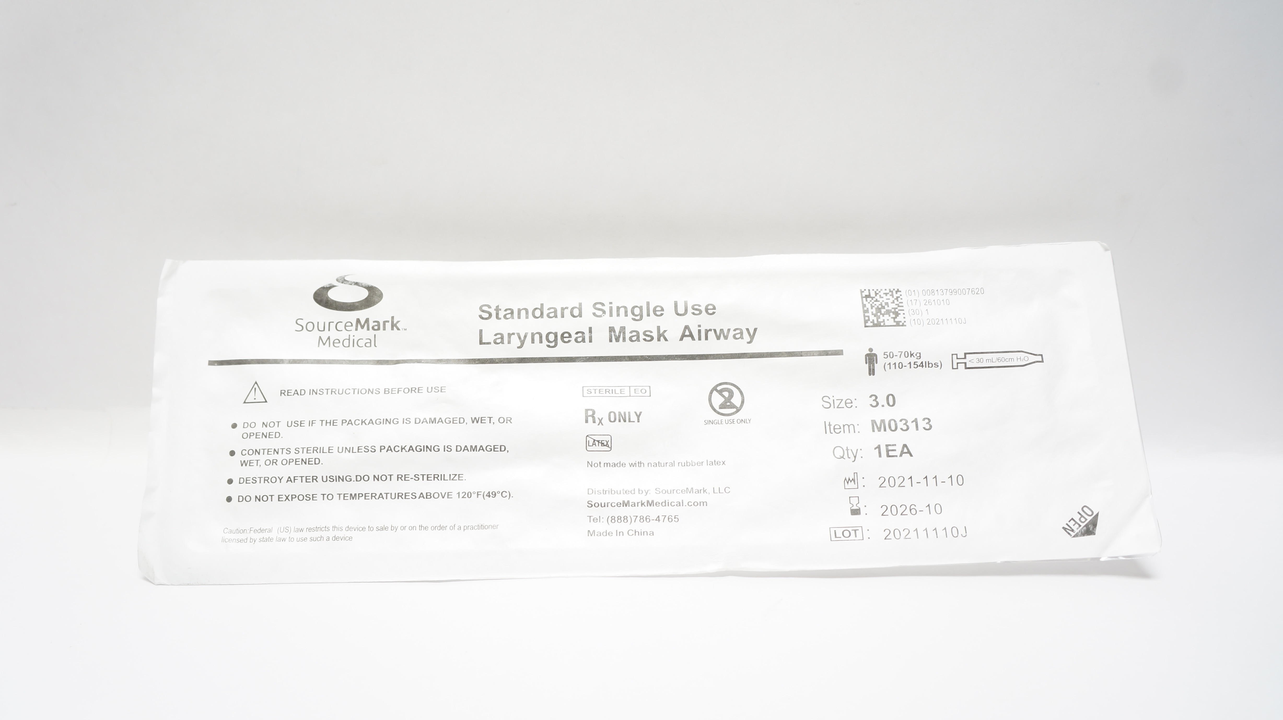 SourceMark Medical M0313 Laryngeal Mask Airway Size3.0 110-154lbs <30mL/60cm H2O