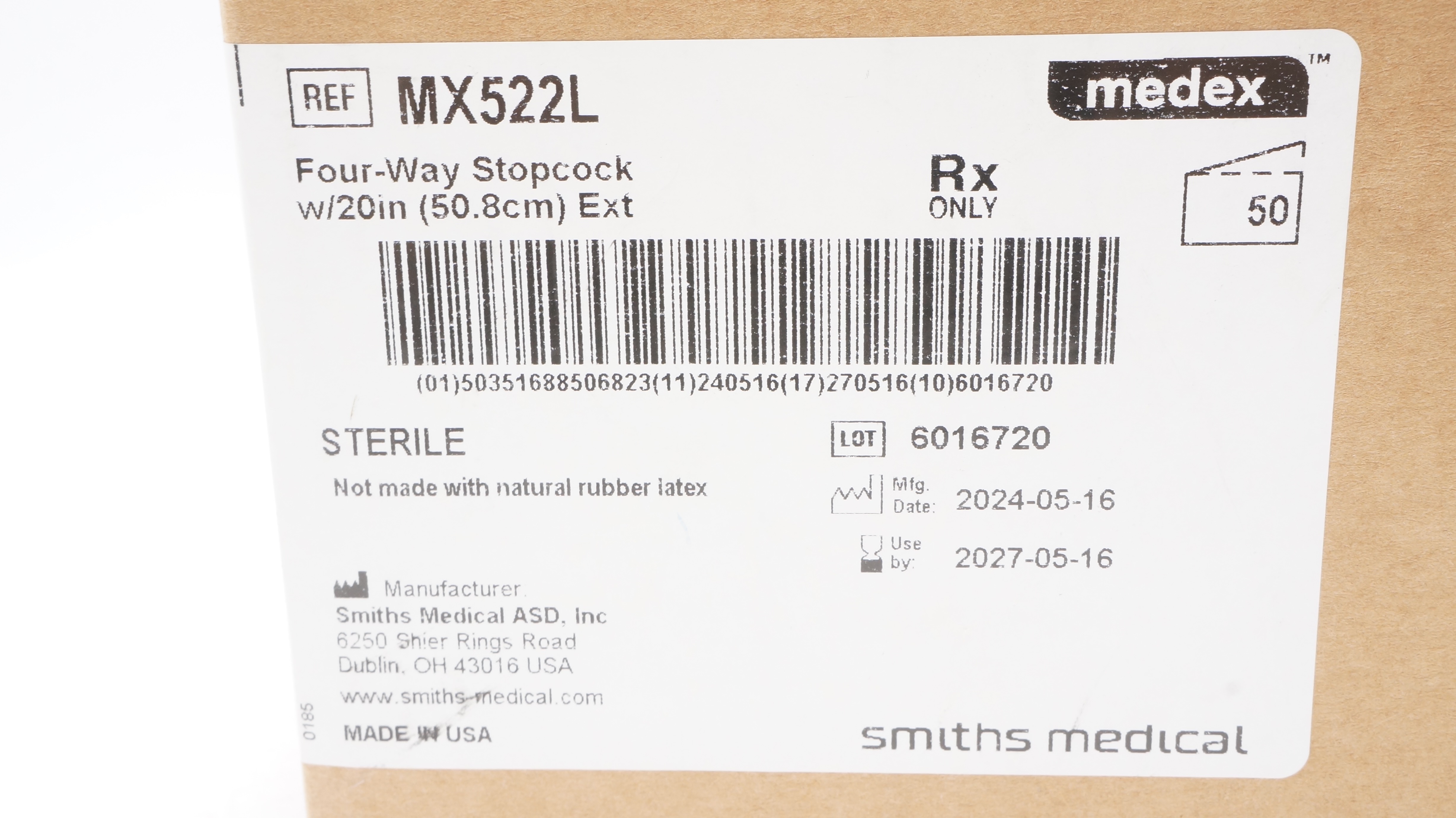 Smiths Medical MX522L Medex Four-Way Stopcock w/20inch Extension - Case of 50